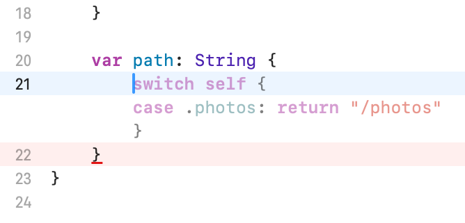 Xcode’s predictive code completion suggesting the body of the computed path property.