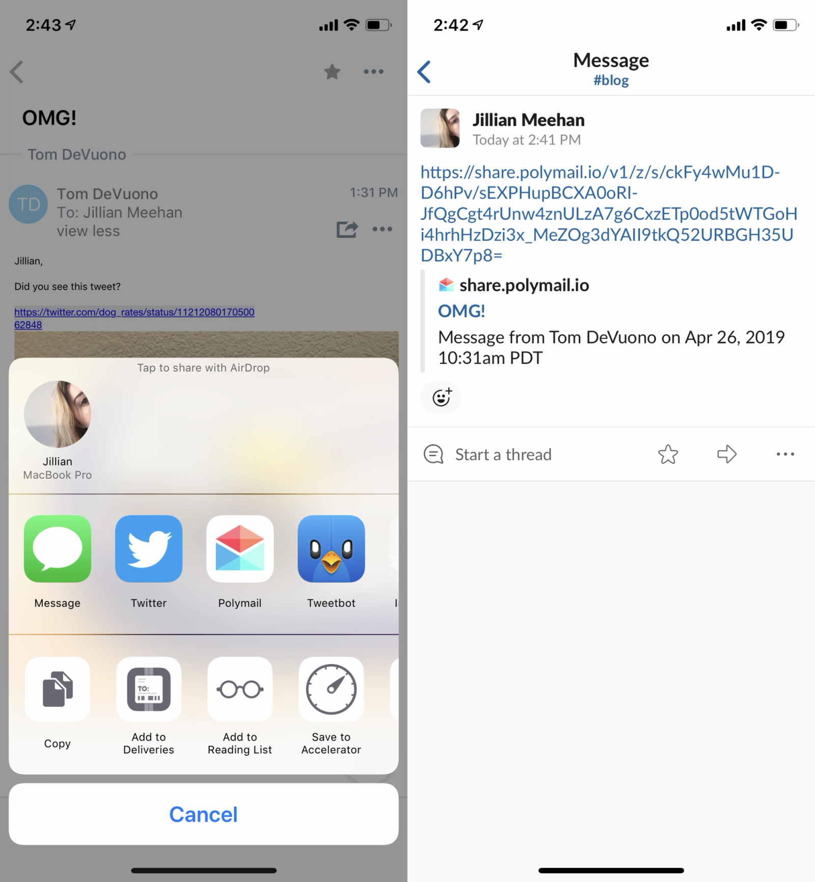 Two screenshots of the sharing feature in the Polymail iOS app