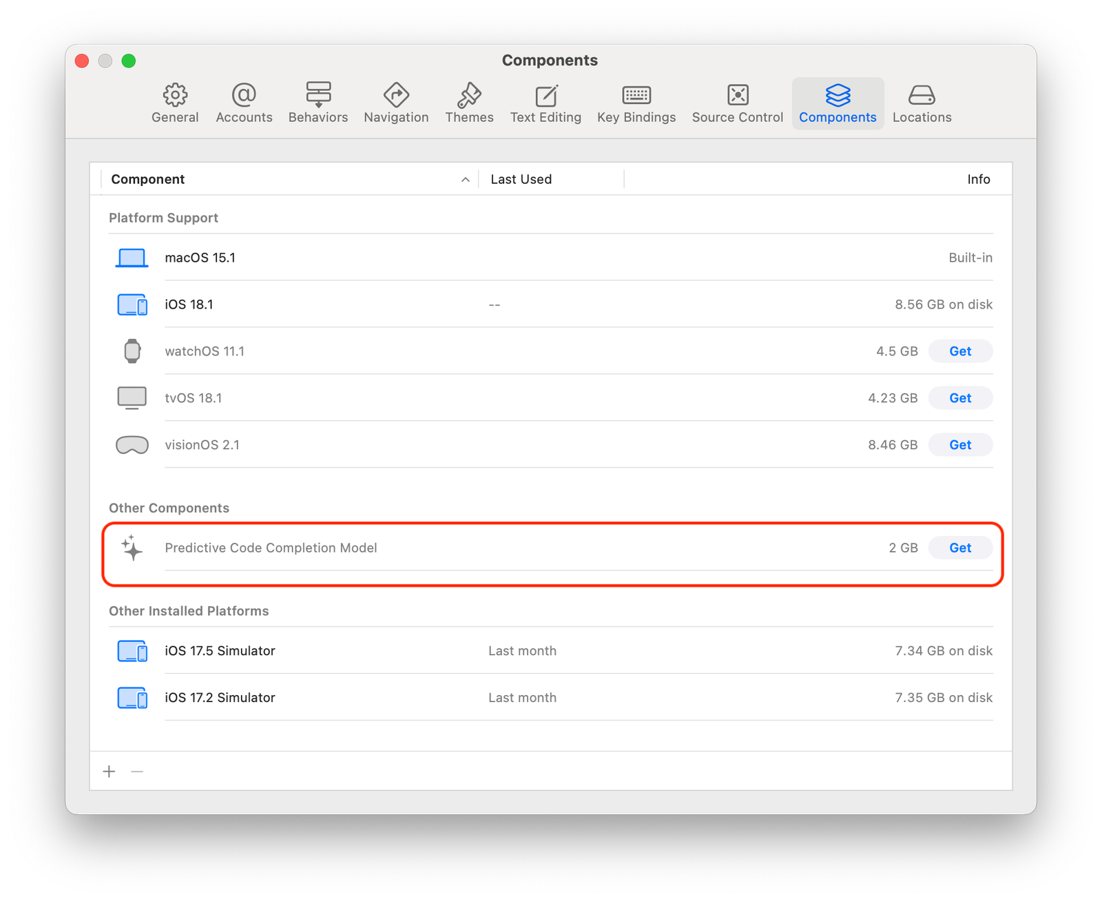 Xcode’s settings showing an option to install the predictive code completion model after initial launch.