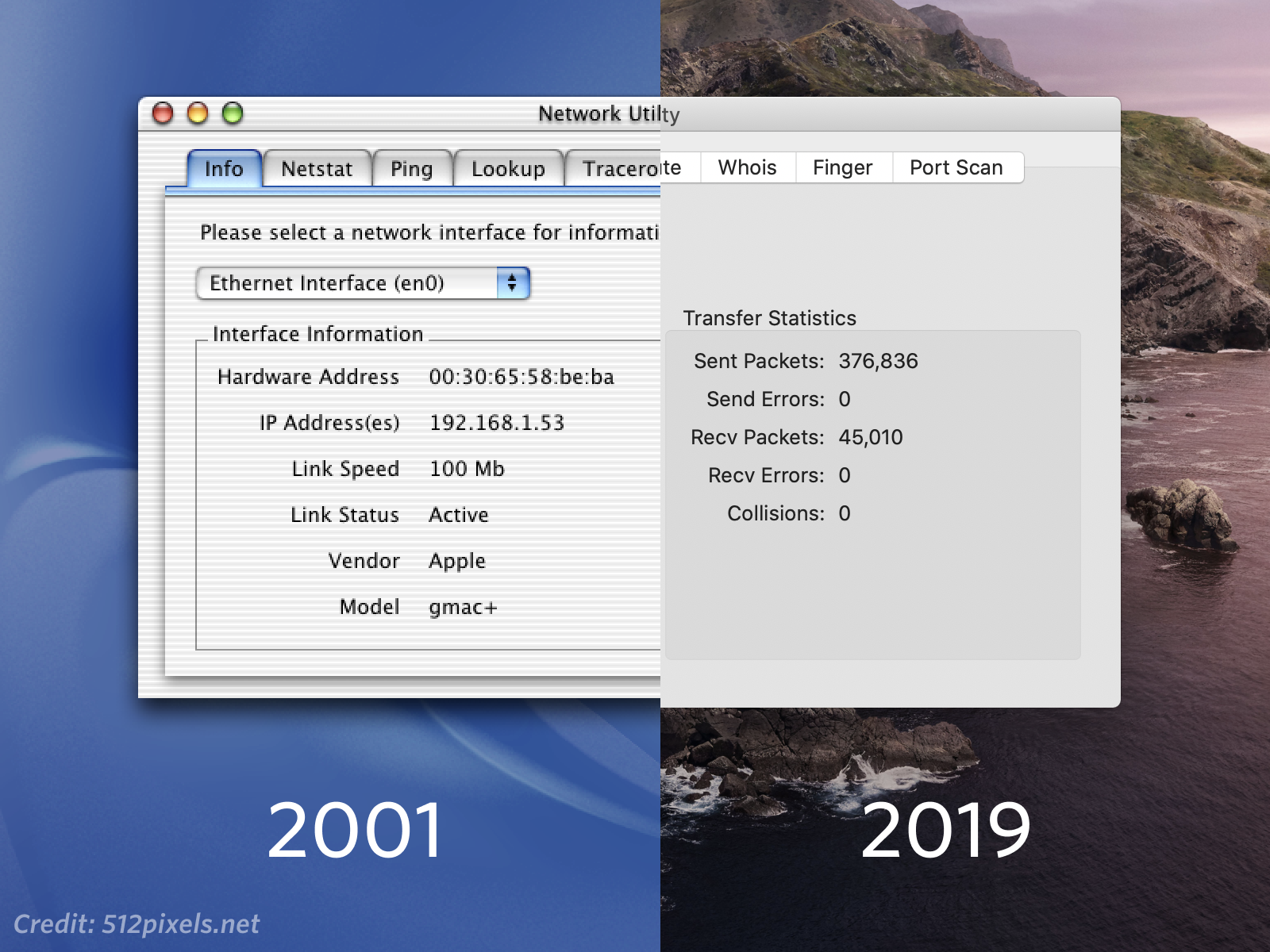 The same window on the first version of Mac OS X vs the same window under macOS Catalina. The vibrant blue controls and pinstripes have been traded for subtle gray shades and hints of accent color.