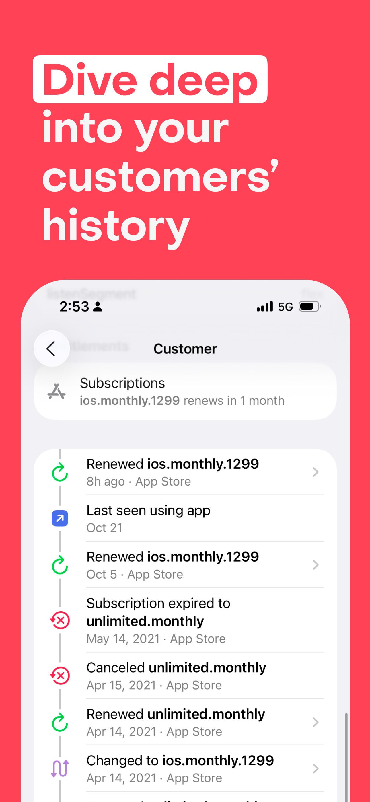 Screenshot of RevenueCat for iOS's customer history feature.