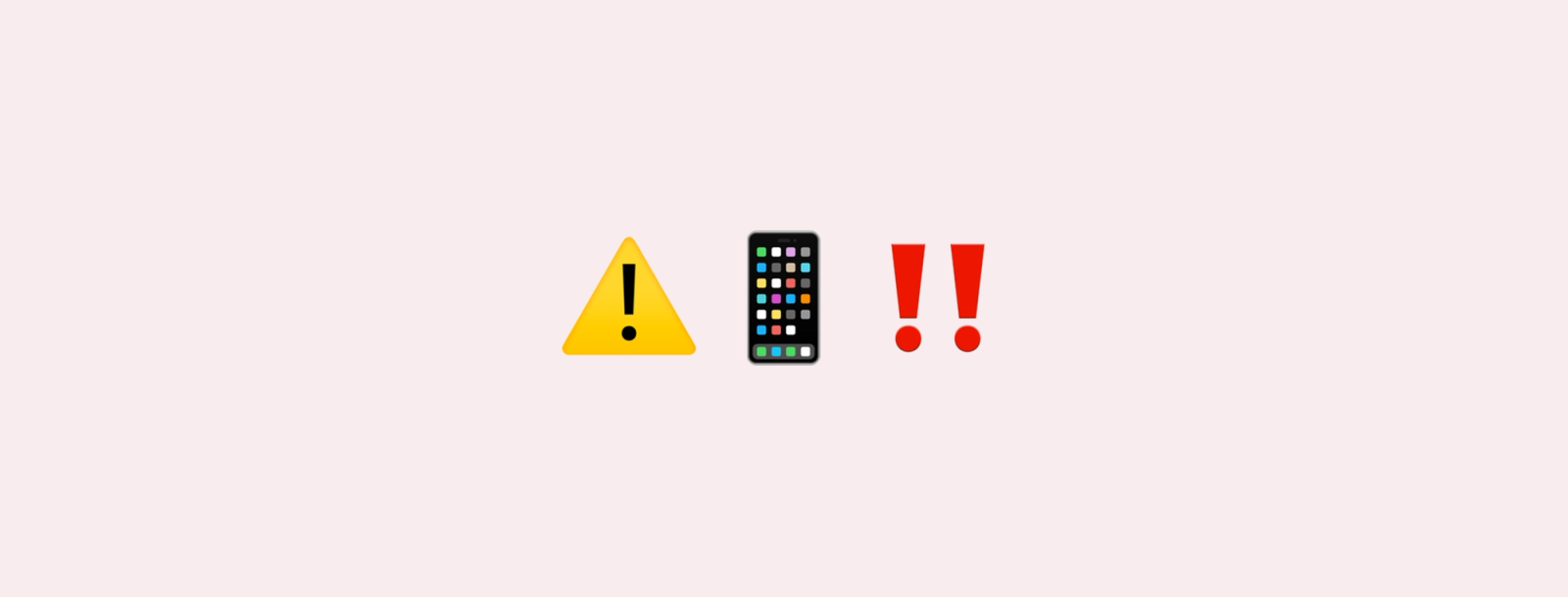 The warning emoji, the iPhone emoji, and the double exclamation point emoji on a light red background