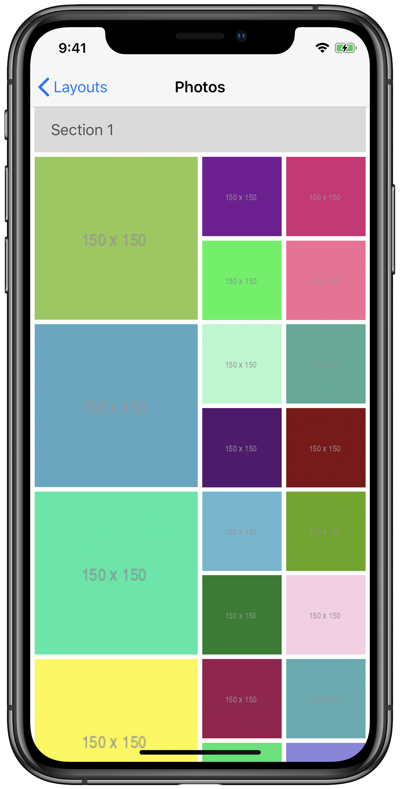 iPhone simulator showing compositional layout with nested groups with insets and section headers applied