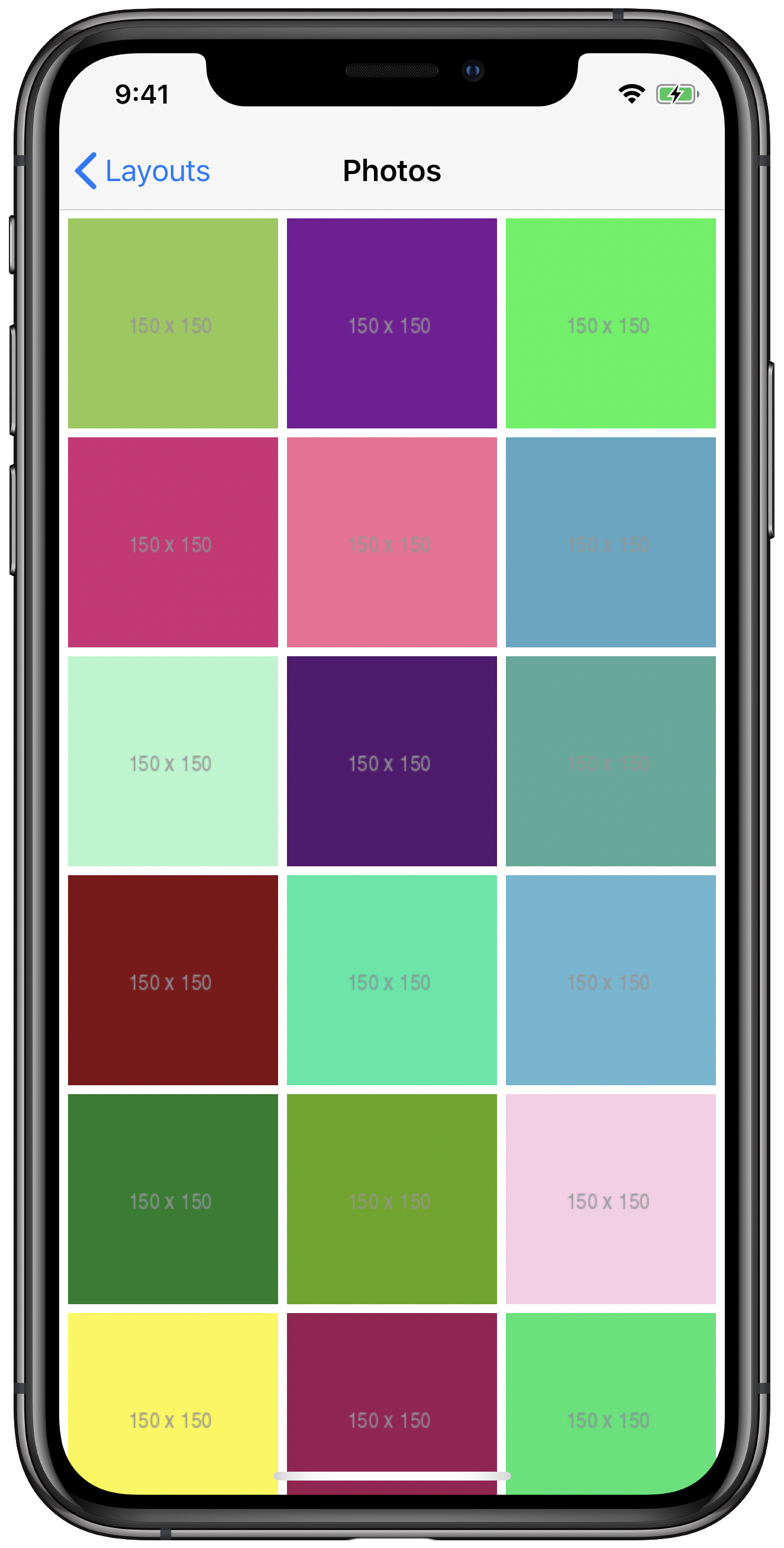 iPhone simulator screenshot of a grid layout