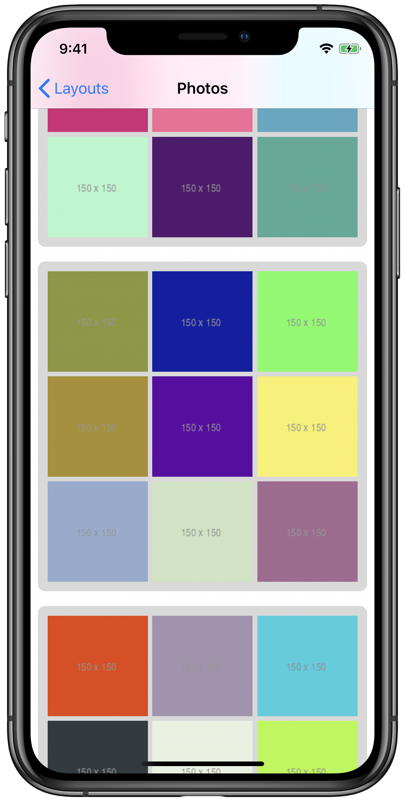 iPhone simulator screenshot showing a compositional layout with background decoration items