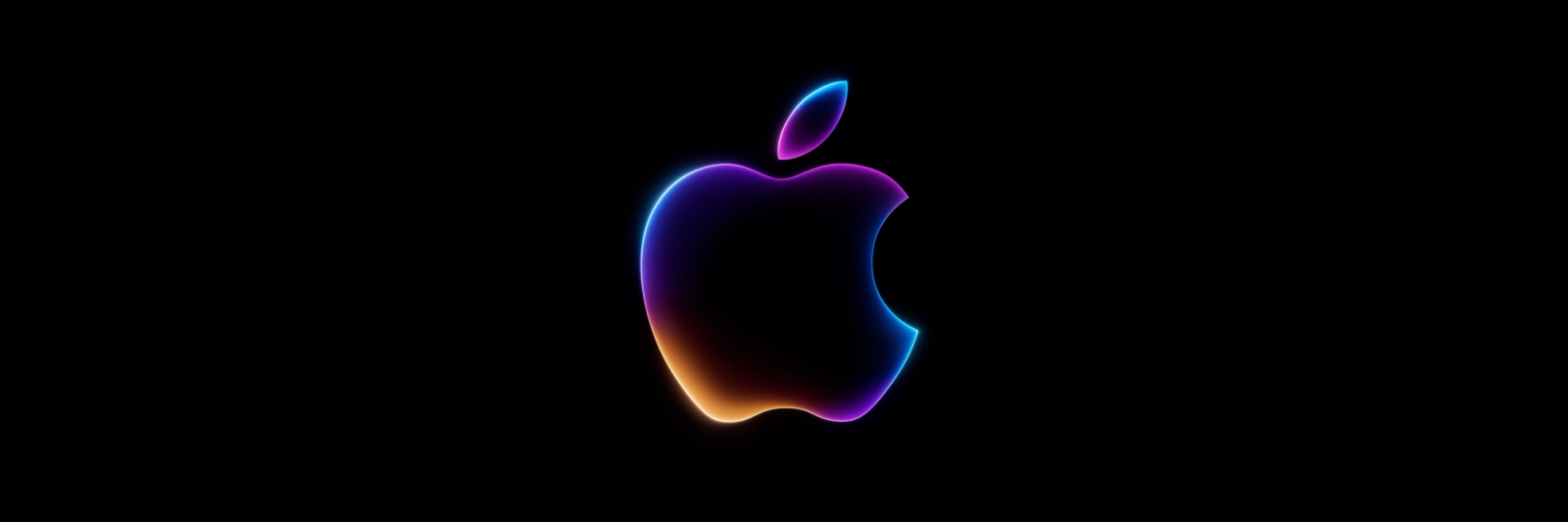 The Apple logo, in black with glowing blue, orange, and purple edges, set against a black background.