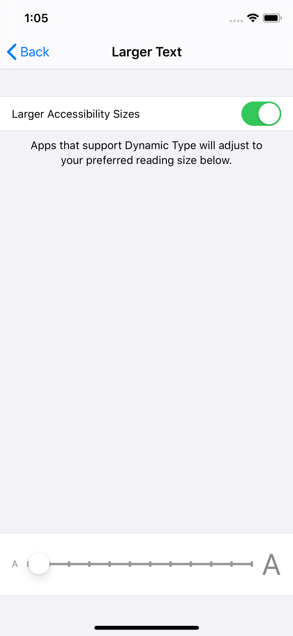 A screenshot from the iOS Settings app showing the "Larger Accessibility Sizes" option in the "Larger Text" menu turned on.