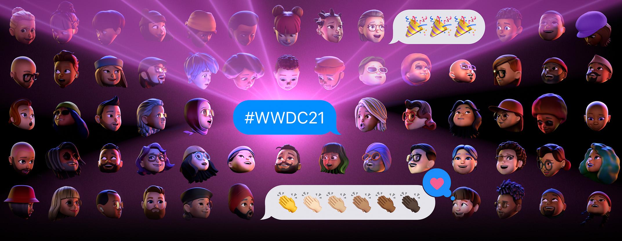 A grid of different memoji looking toward the center of the picture, where there is a blue iMessage bubble that says #WWDC21.