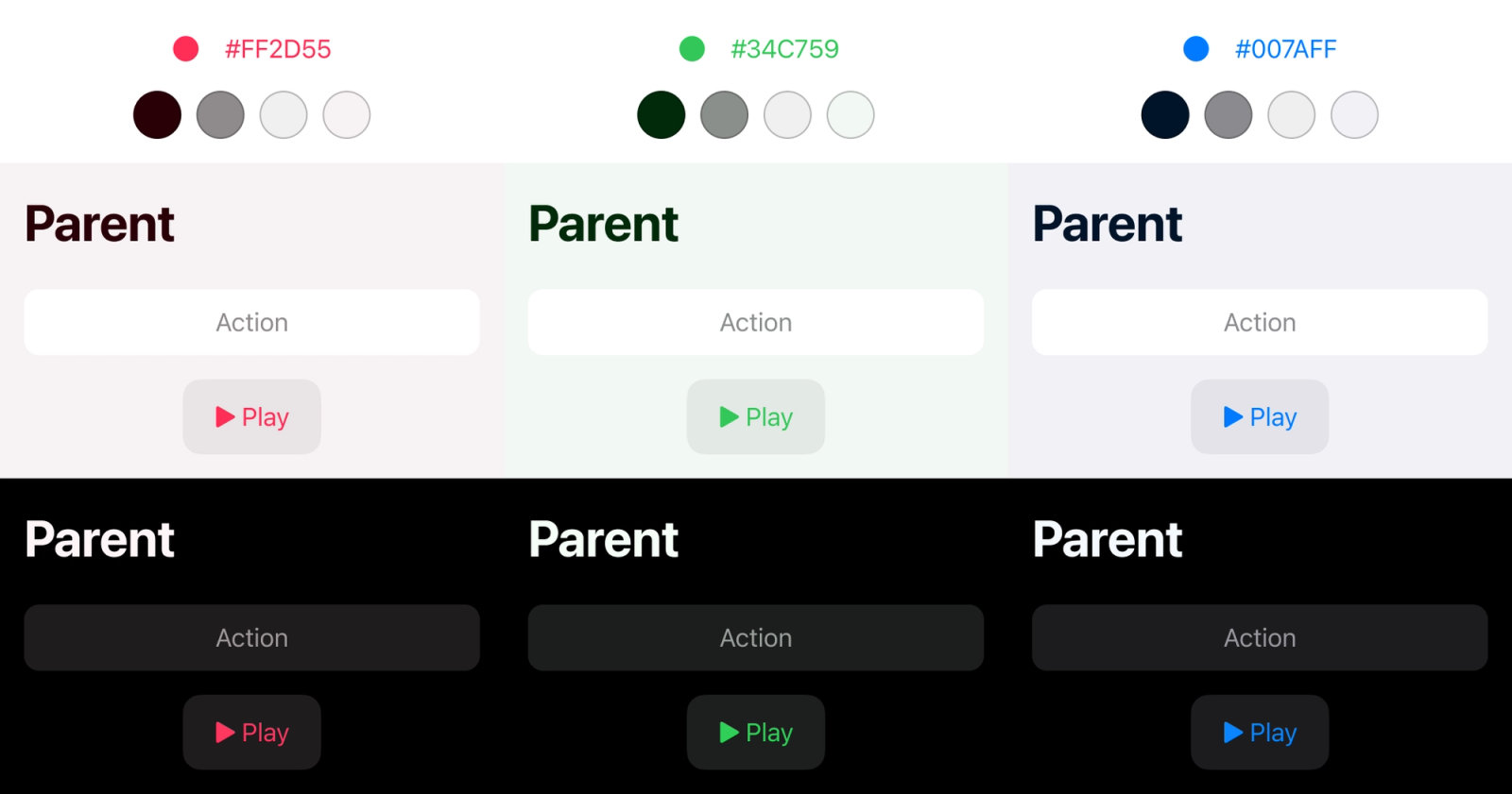 A mockup of three iOS screenshots with pink, green, and blue accents. The labels, buttons, backgrounds are all tinted respectively. The normally-pure-black title in the green mockup, for example, now takes on a deep forest green color.