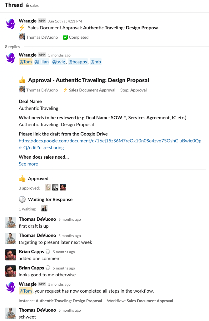 A screenshot showing how we use the Wrangle Slack app