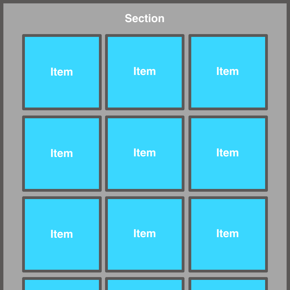 Diagram of a flow layout with items laid out in horizontal lines within a section