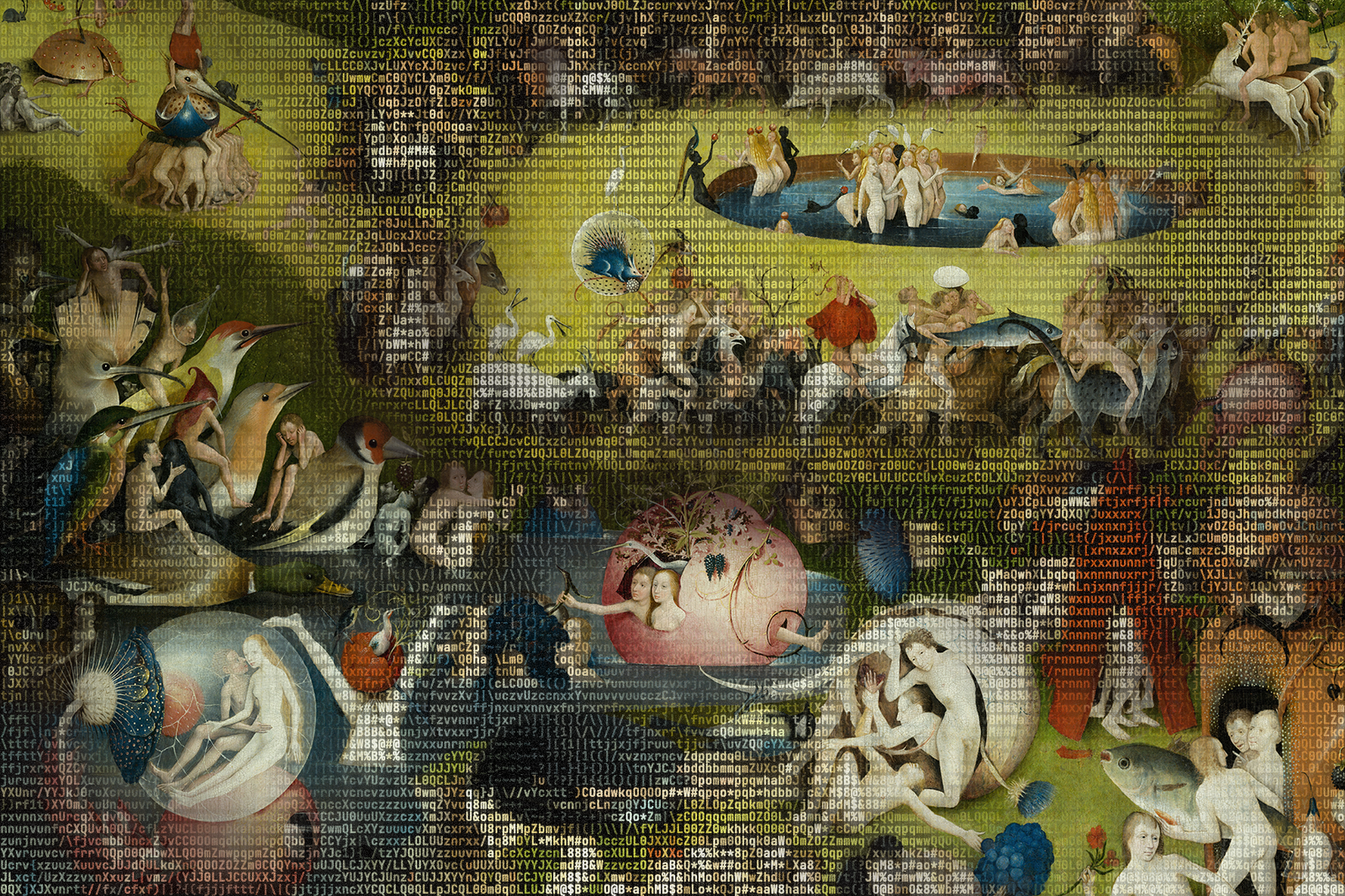 A cropped selection from Hieronymus Bosch’s painting The Garden of Earthly Delights creatively overlaid with an ASCII art motif.