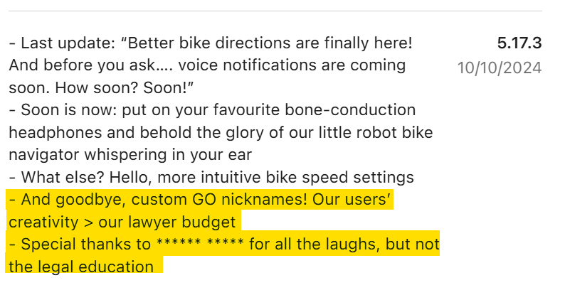 Screenshot from Transit App on the Appstore via the Wayback Machine showing a changelog for version 5.17.3 removing custom GO nicknames.