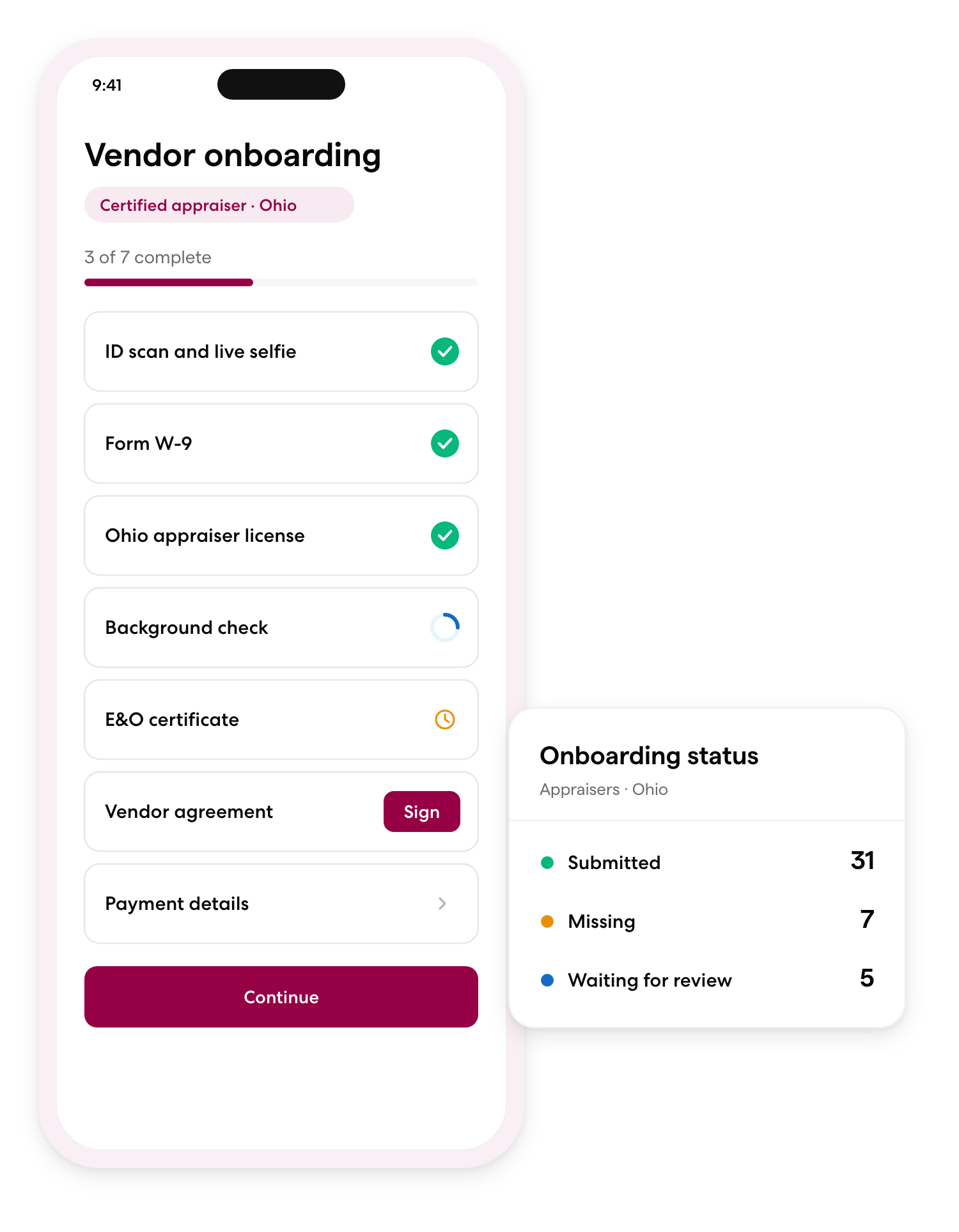 Vendor onboarding checklist on a phone, next to an admin card that counts vendors who have submitted, are missing items, or are waiting for review