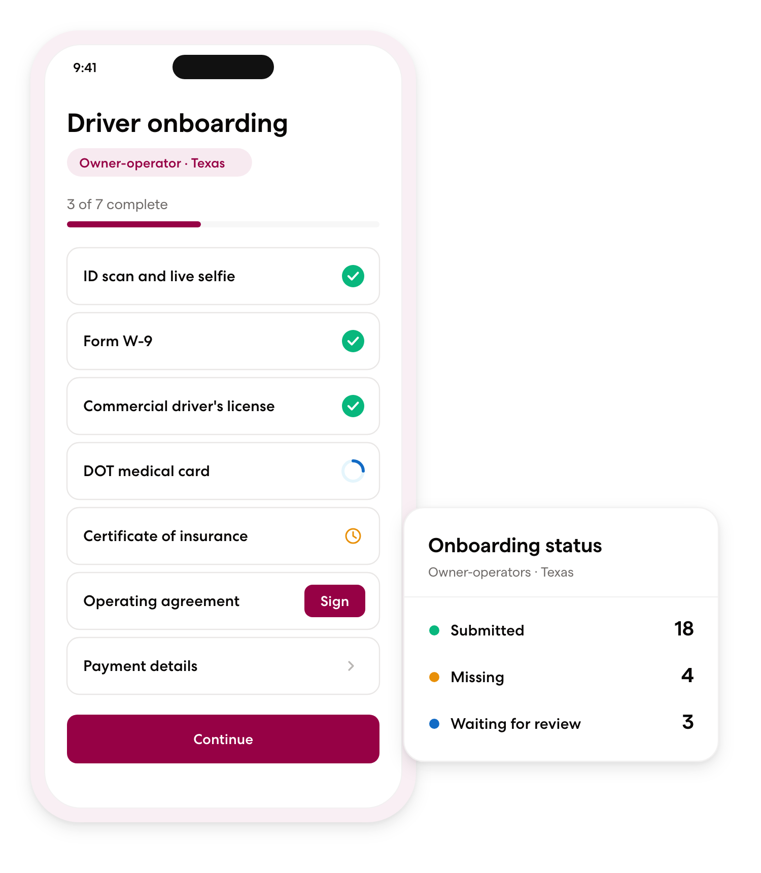 Driver onboarding checklist on a phone, next to an admin card that counts drivers who have submitted, are missing items, or are waiting for review