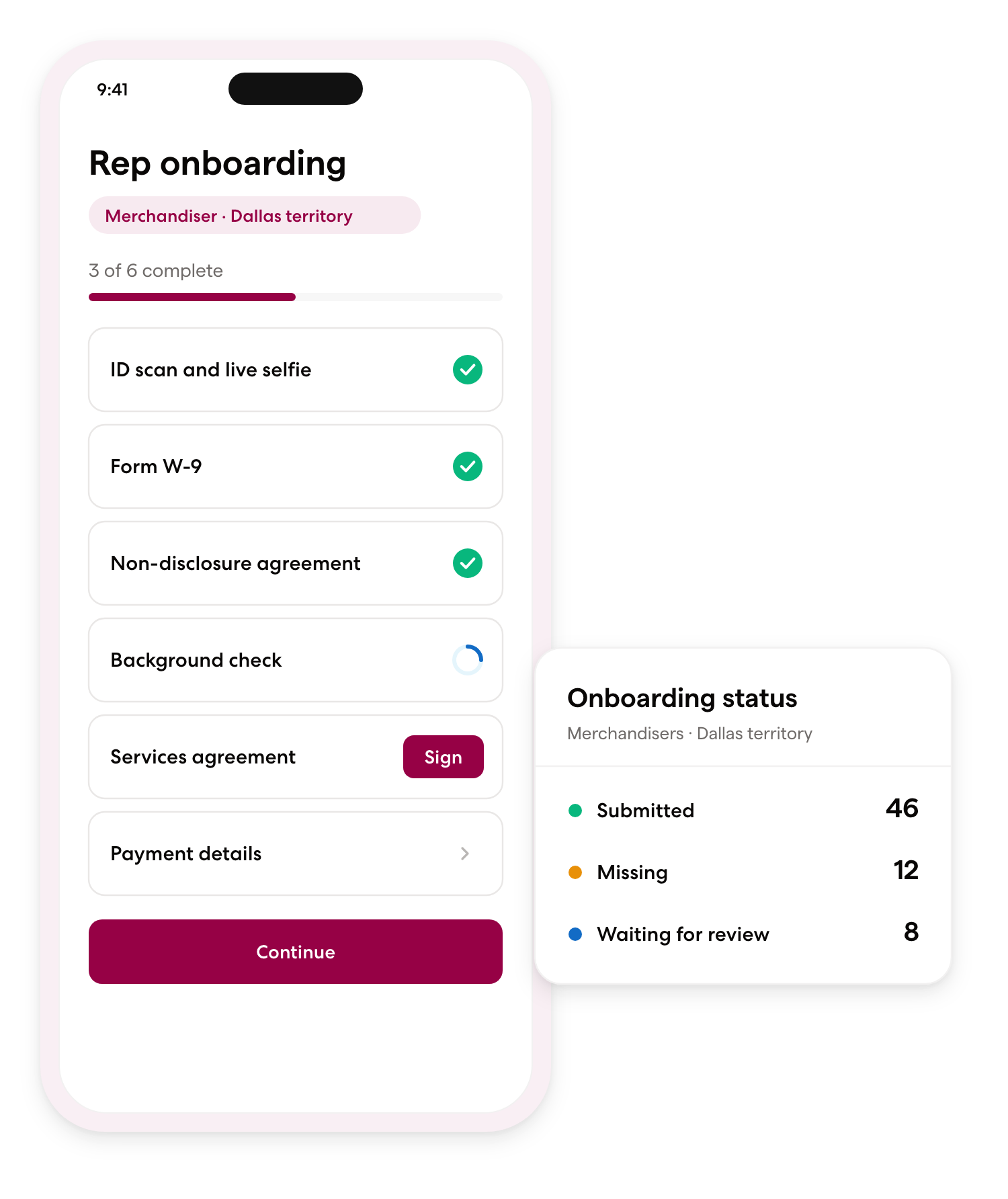 Rep onboarding checklist on a phone, next to an admin card that counts reps who have submitted, are missing items, or are waiting for review