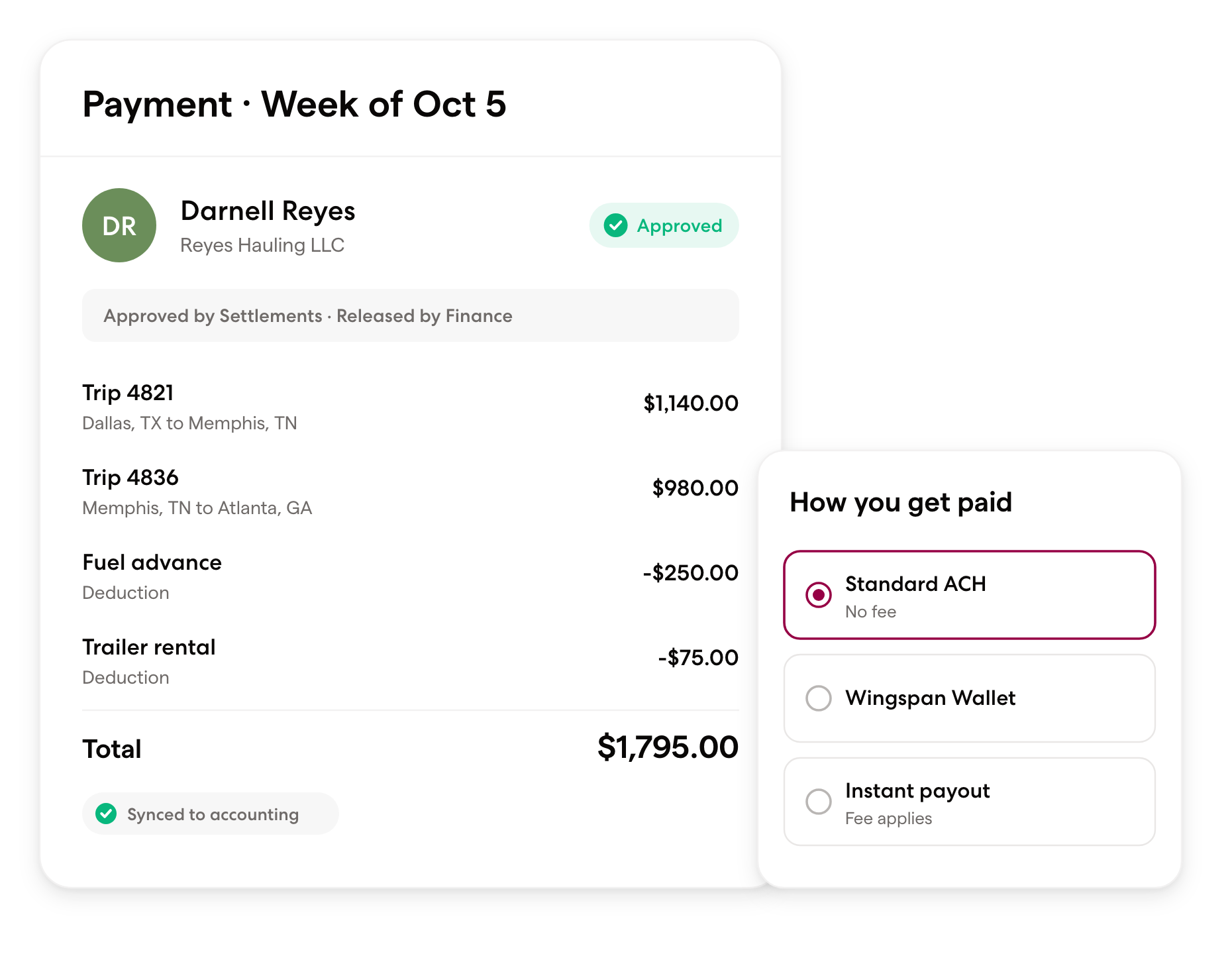 Weekly driver payment listing two trips, two deductions, and the total, next to a choice of standard ACH, Wingspan Wallet, or instant payout