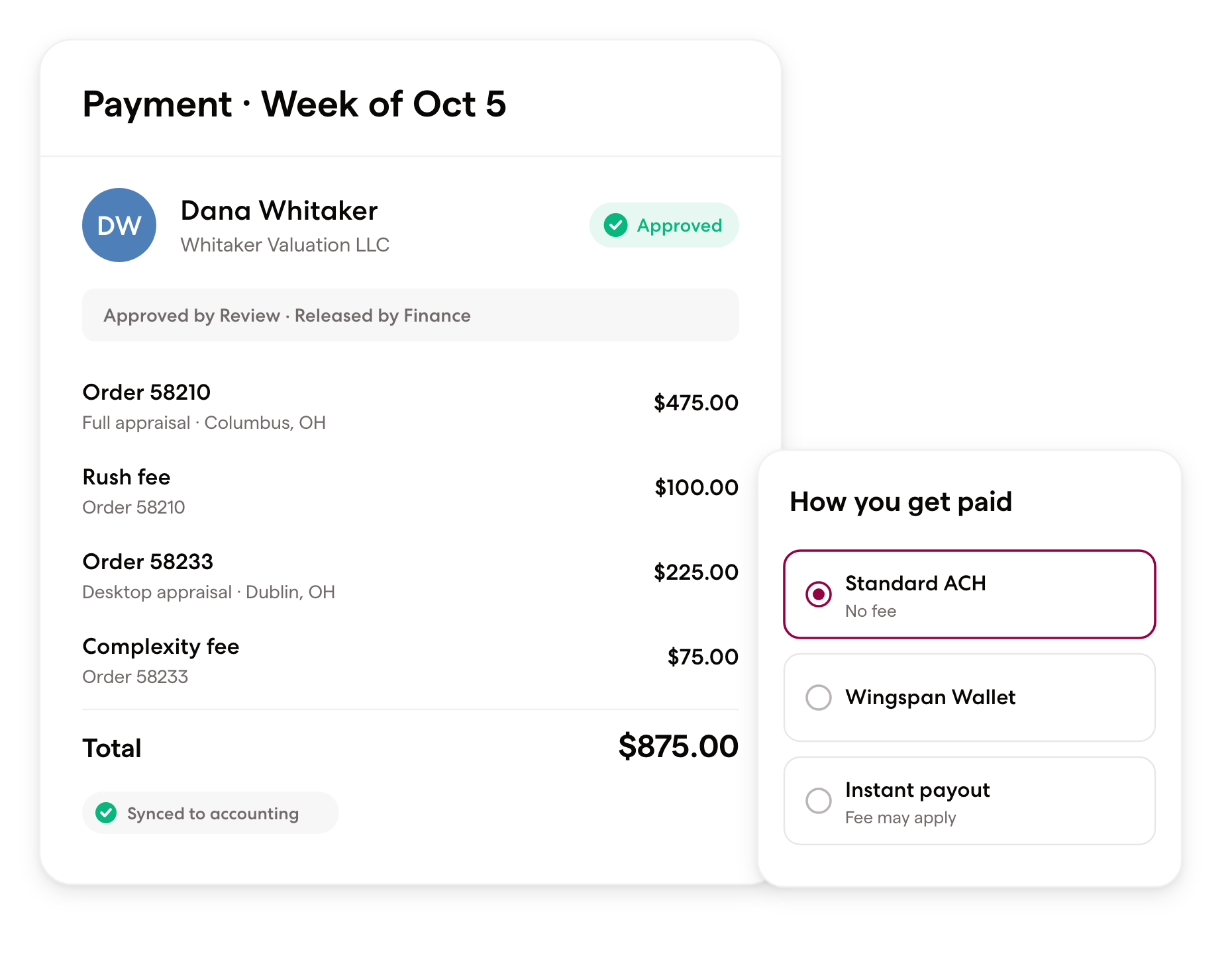 Weekly appraiser payment listing two orders with a rush fee and a complexity fee, next to a choice of standard ACH, Wingspan Wallet, or instant payout