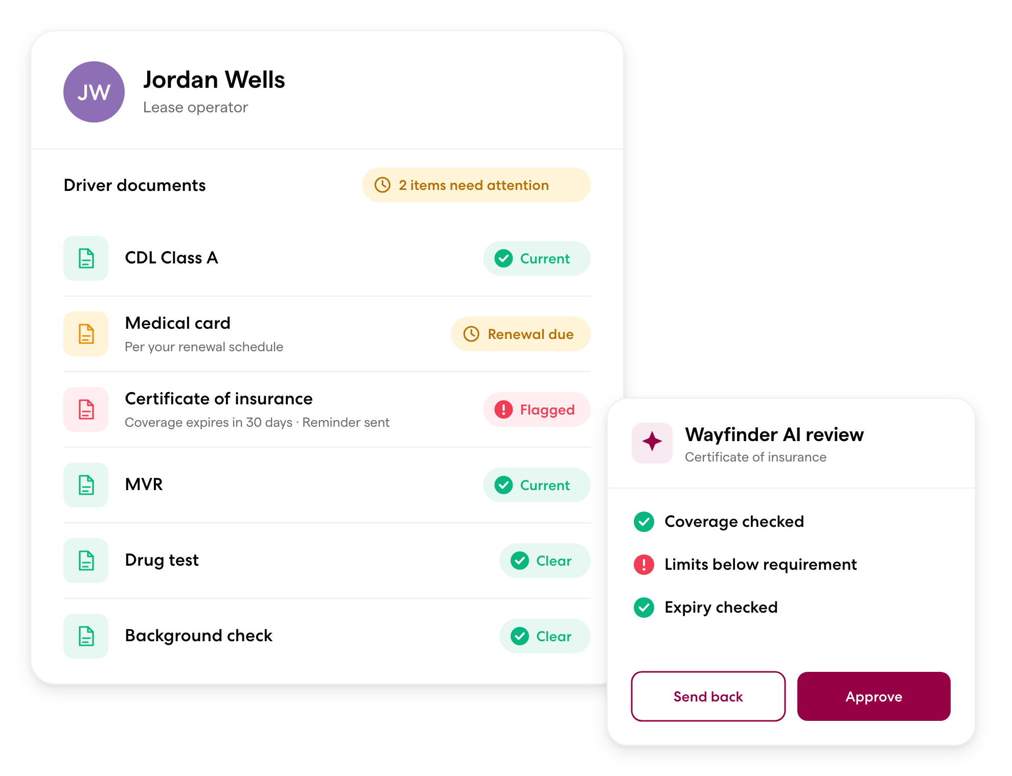 Driver compliance record with CDL, medical card, insurance, MVR, drug test, and background check statuses, and a Wayfinder AI review of the insurance certificate