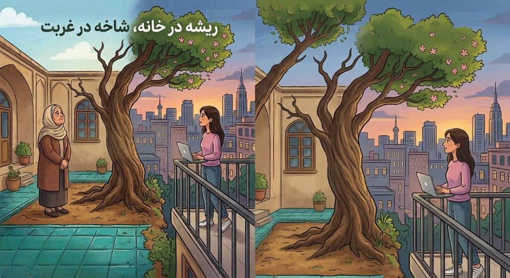 تصویری از درختی که ریشه در حیاط خانه‌ای قدیمی دارد و شاخه‌هایش به بالکن دختری در شهری دور رسیده است