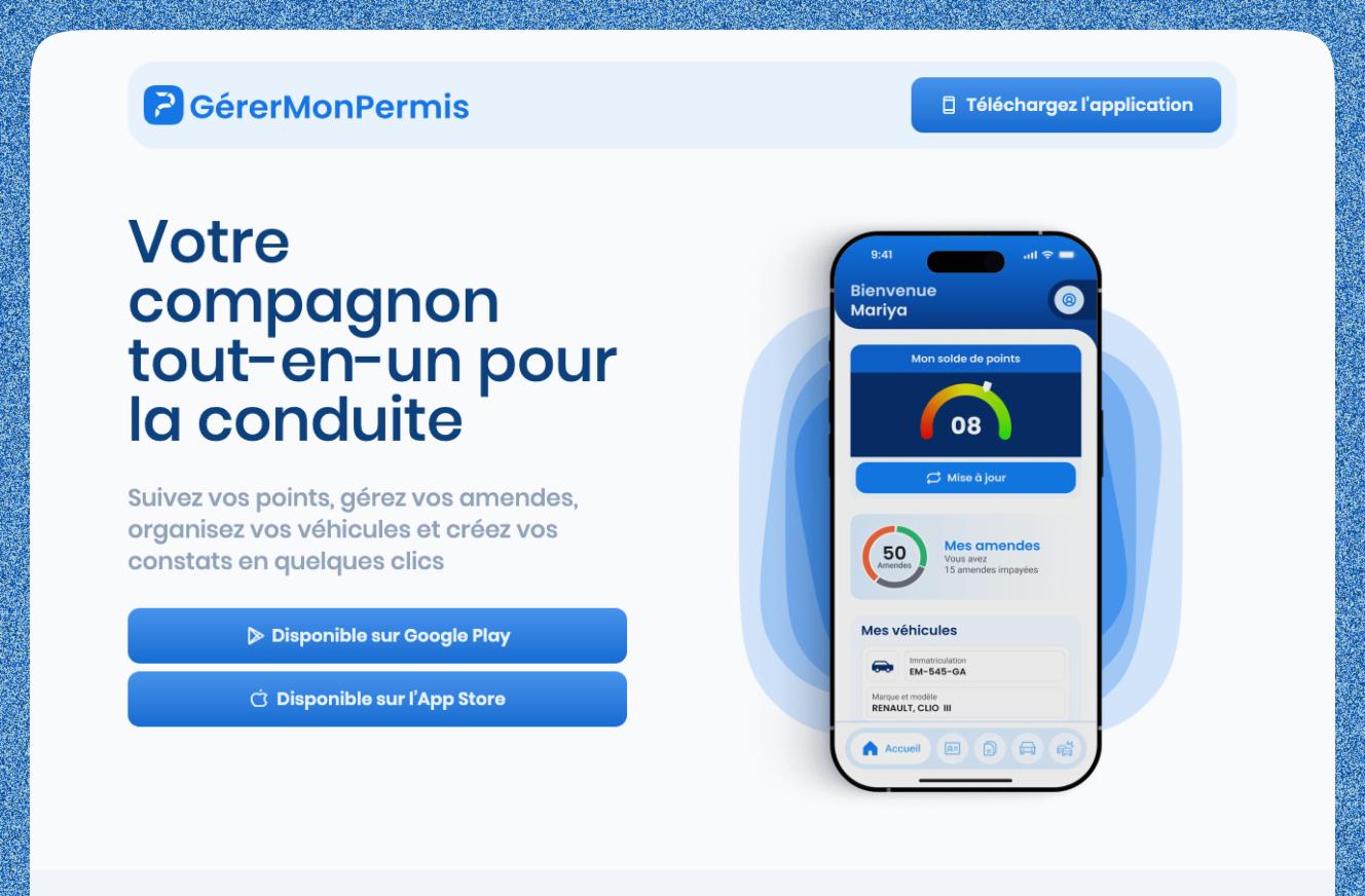 GérerMonPermis landing page hero with the app dashboard and App Store and Google Play download buttons.
