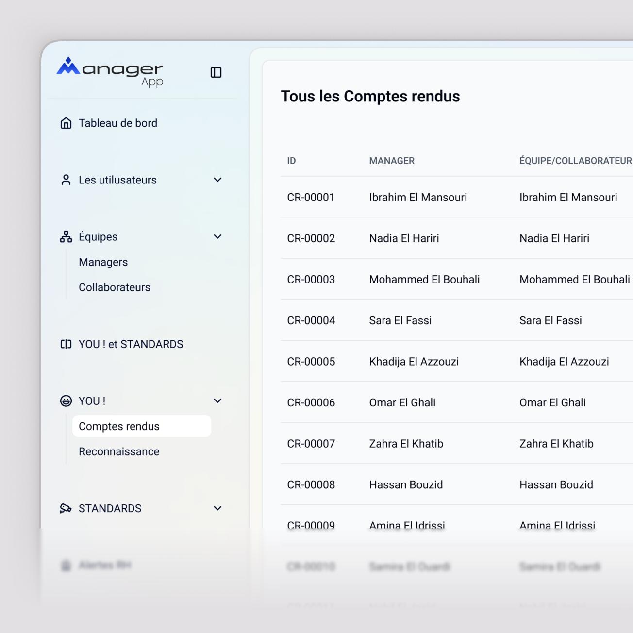 ManagerApp detailed management record and follow-up workflow.