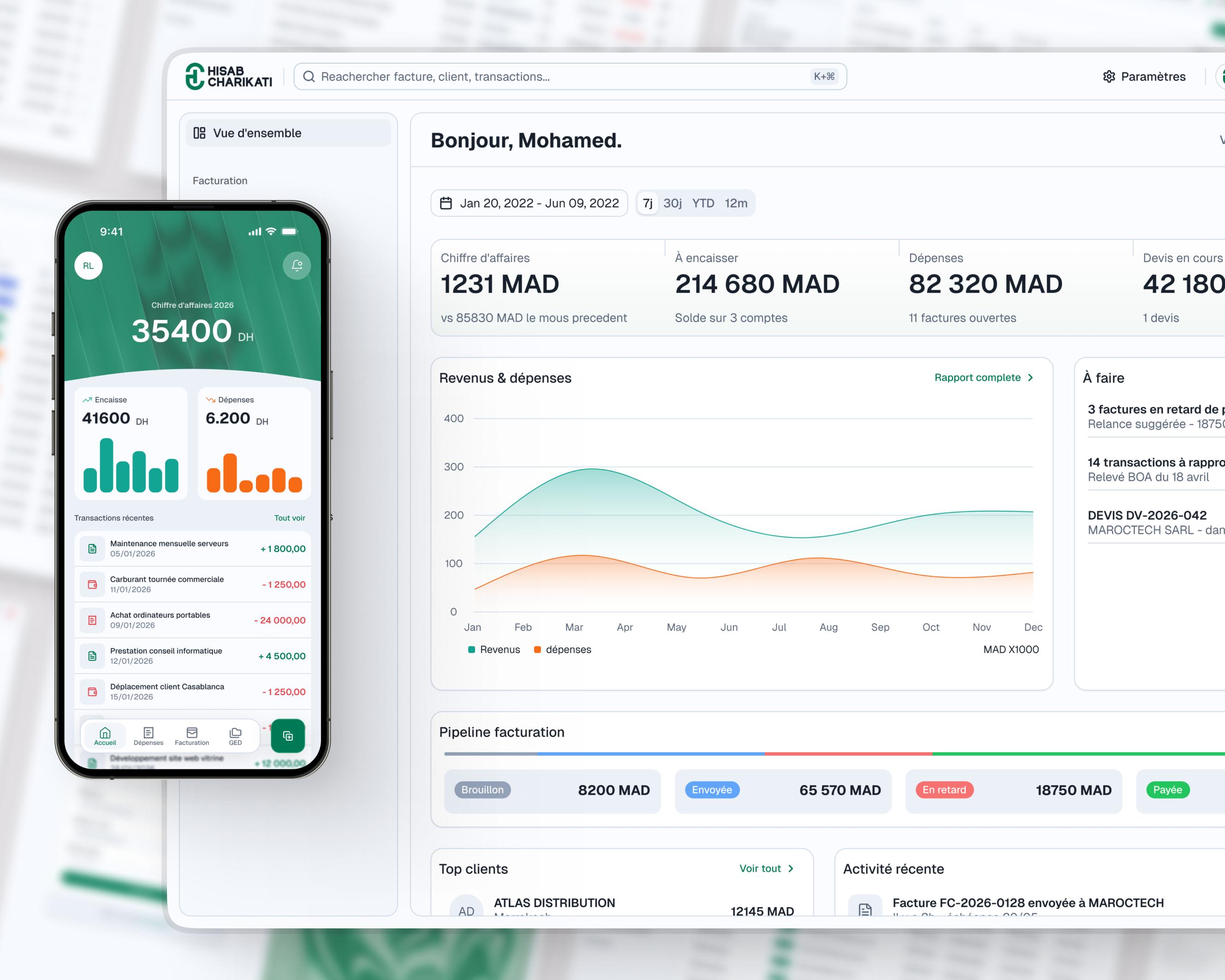 Hisabcharikati mobile and web accounting dashboards.