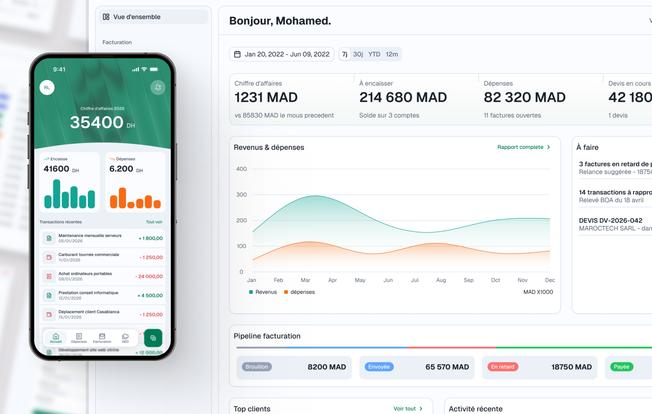 Hisabcharikati mobile and web accounting dashboards.