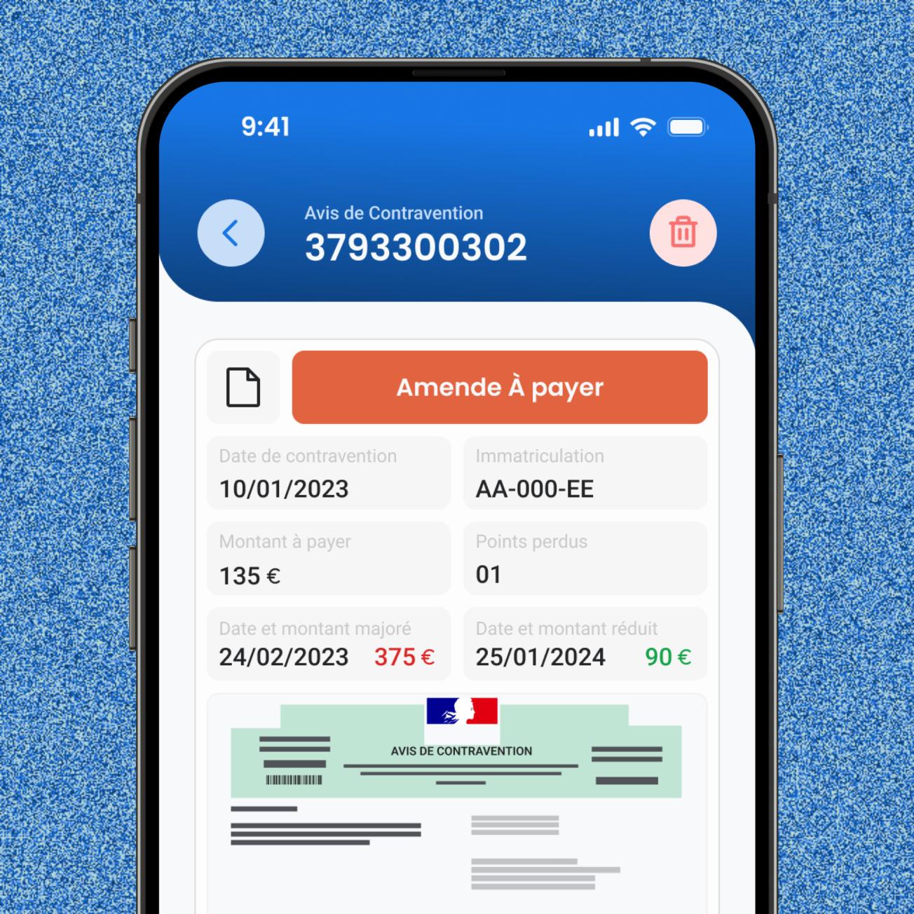 GérerMonPermis fine detail screen showing payment status, amount, points lost, dates, and the scanned notice.