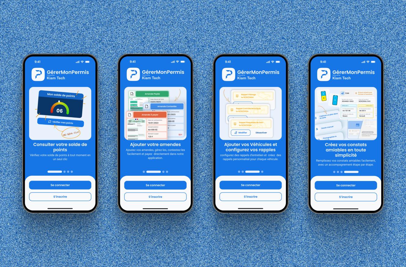 Four GérerMonPermis onboarding screens introducing licence points, fines, vehicle reminders, and accident reports.