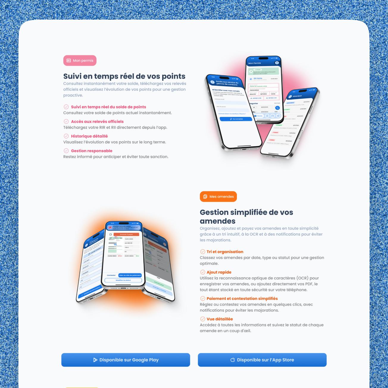 GérerMonPermis landing page sections for vehicle management and accident reports.