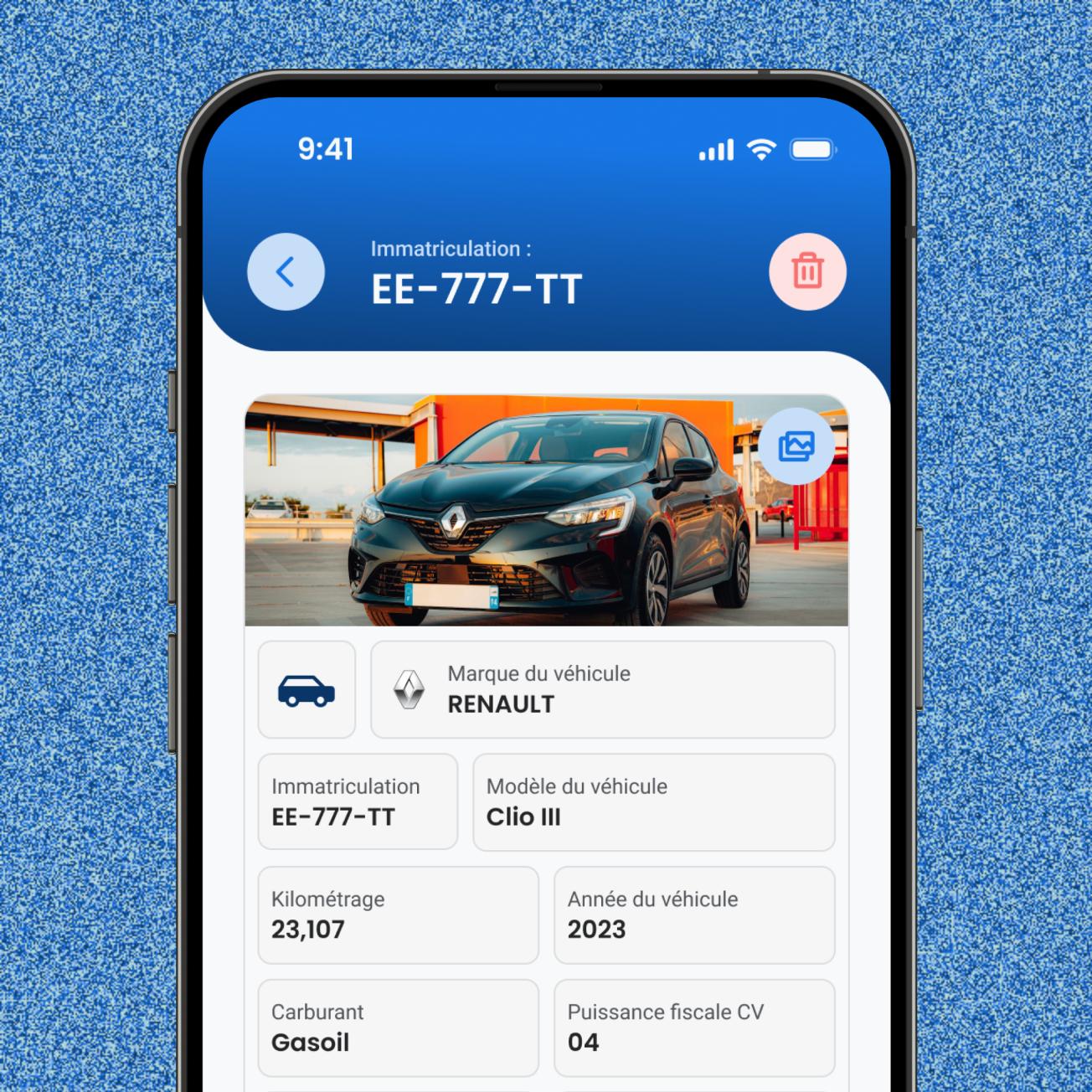 1. GérerMonPermis vehicle detail screen showing a car photo, registration number, model, mileage, year, and fuel type.