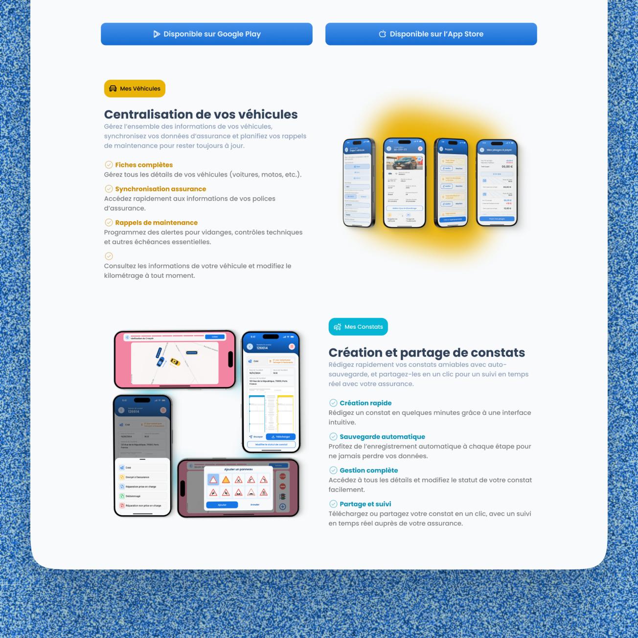 GérerMonPermis app screens showing the home dashboard, licence details, fines, vehicles, and accident reports.