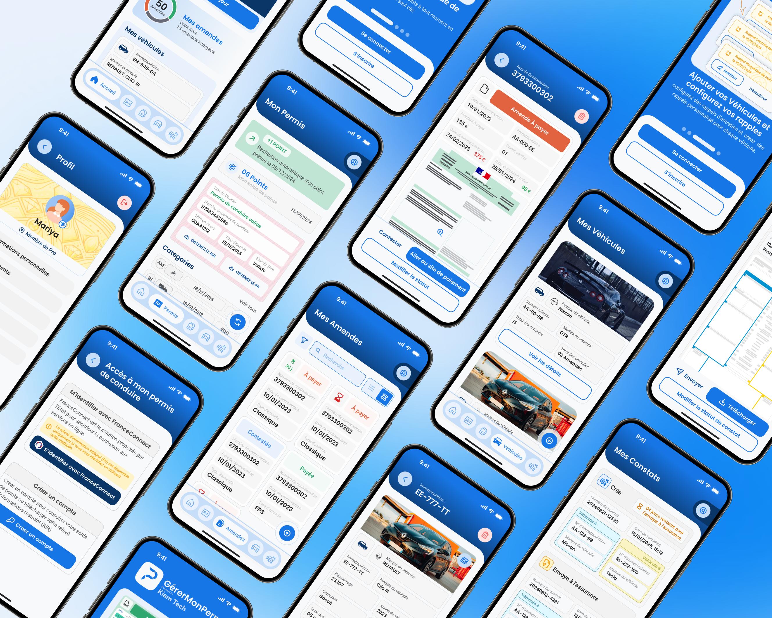 Angled phone mockups showing GérerMonPermis screens for licence points, fines, vehicles, profile details, and accident reports.