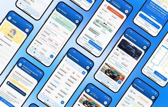 Angled phone mockups showing GérerMonPermis screens for licence points, fines, vehicles, profile details, and accident reports.
