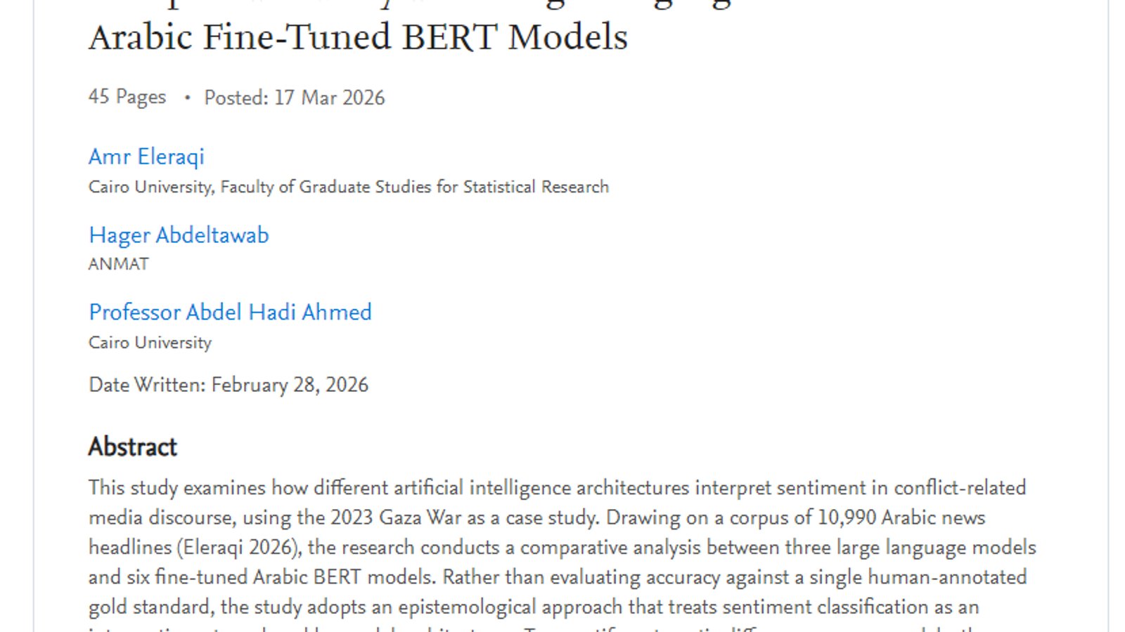 Screenshot of the SSRN page for the paper “Sentiment Classification of Gaza War Headlines: A Comparative Analysis of Large Language Models and Arabic Fine-Tuned BERT Models” by Anmat and InfoTimes.