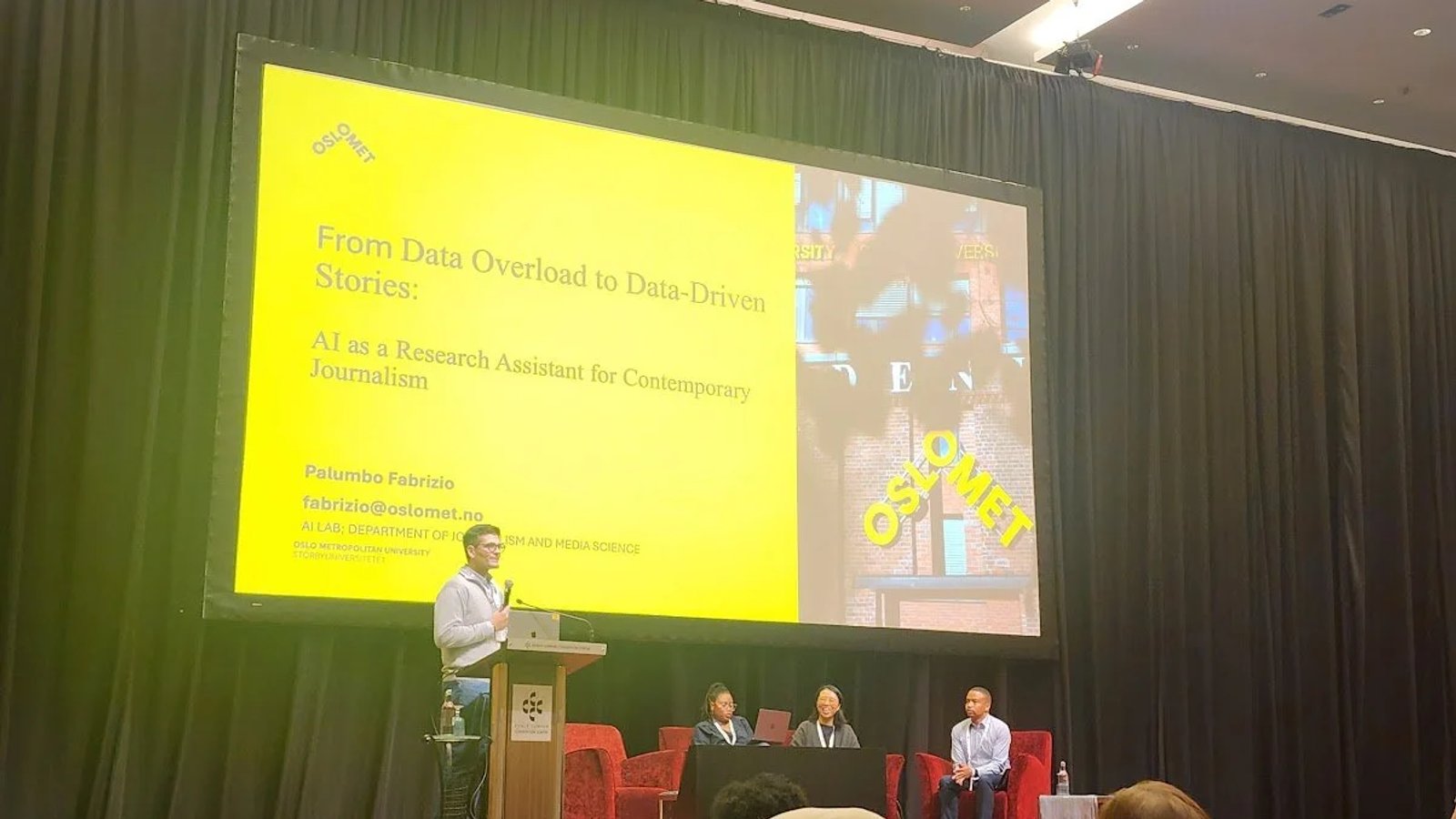 Speakers on stage during the session “Uncovering Violations Using AI: Methods, Techniques, and Challenges” at GIJC 2025 in Kuala Lumpur, Malaysia.