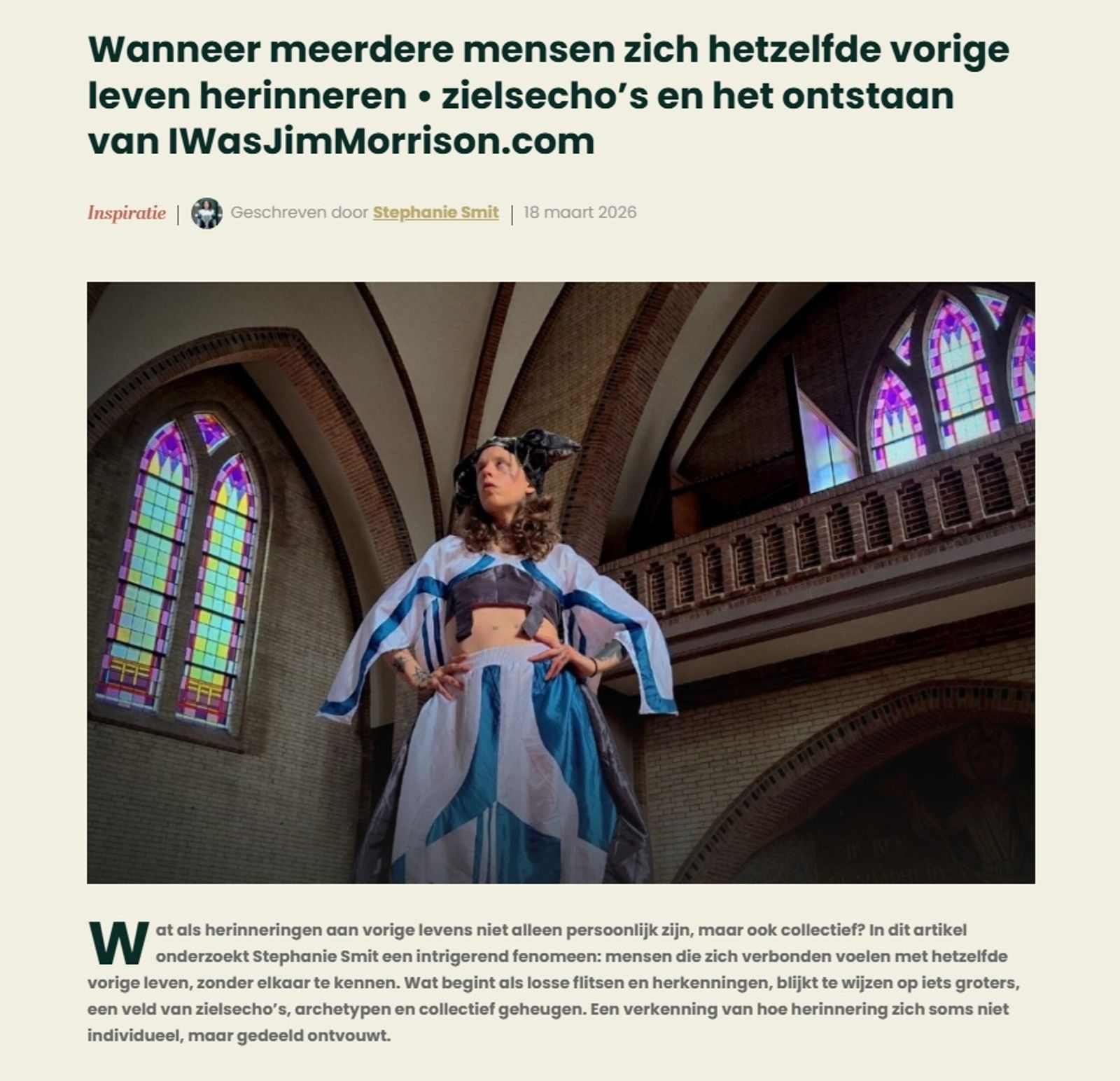Artist performing in a church interior featured in Bloom Magazine article on past life memory and collective identity