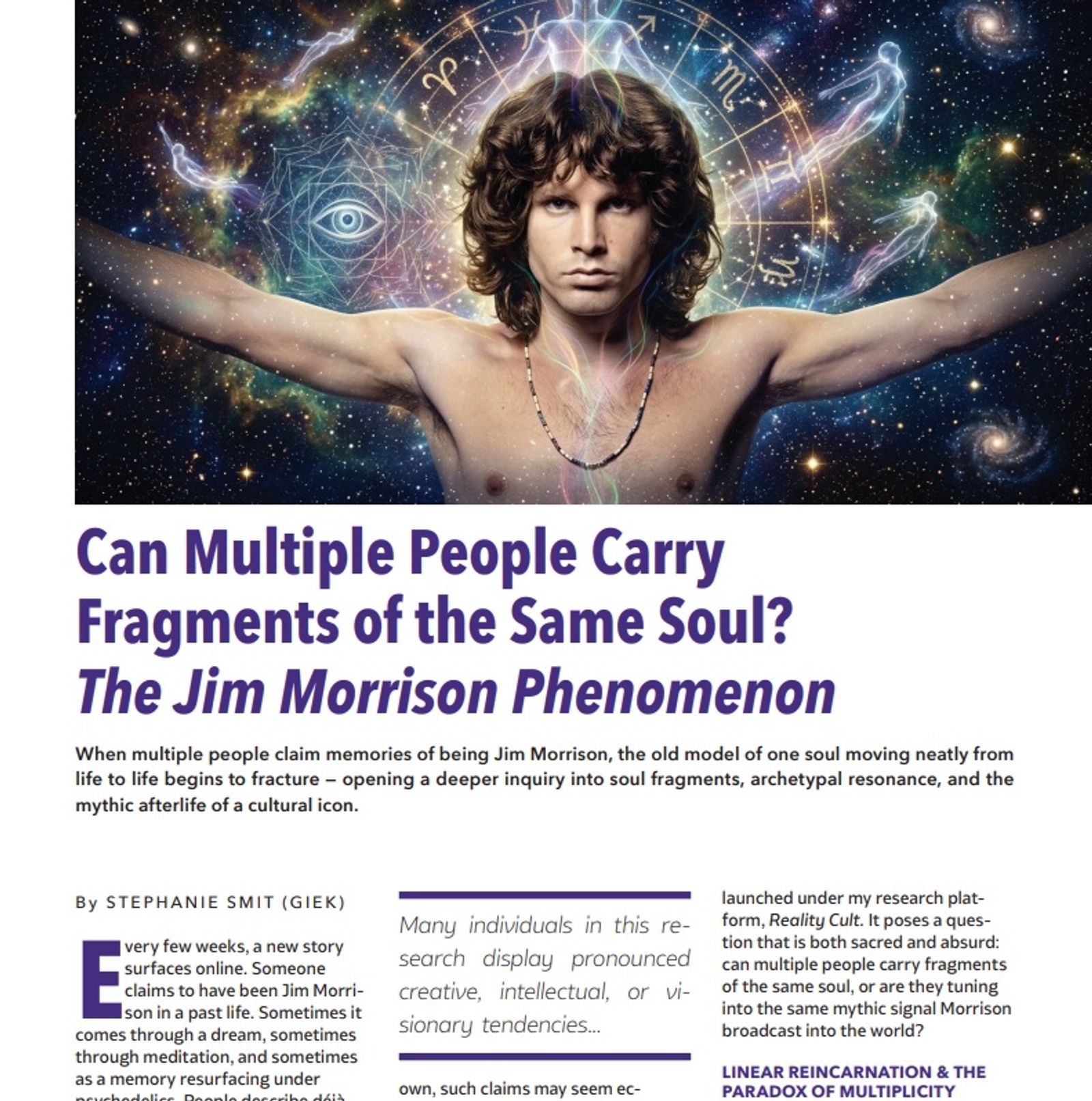 New Dawn Magazine feature by Stephanie Smit exploring reincarnation research, soul fragmentation, collective memory, and the Jim Morrison phenomenon.