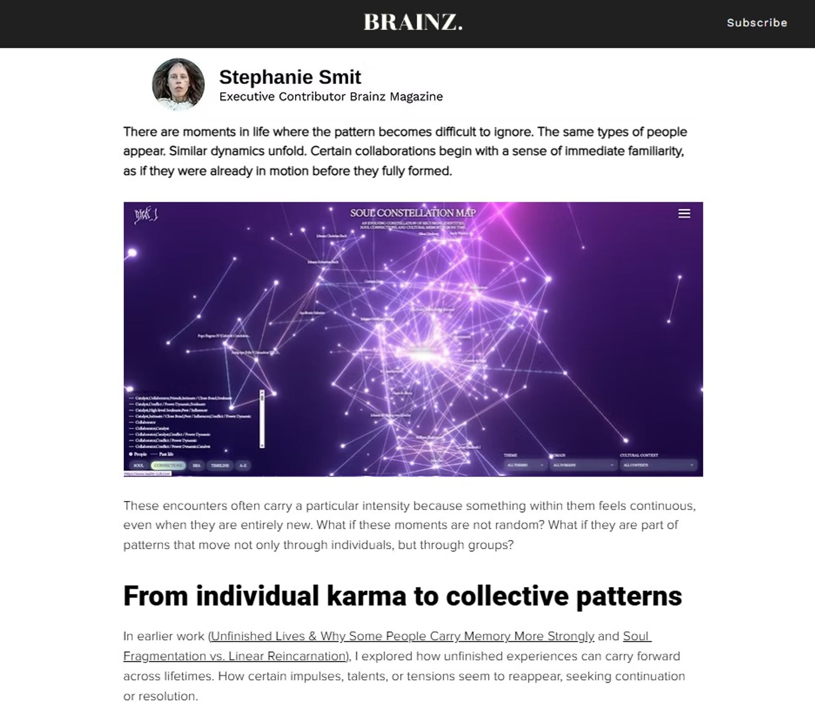 Soul Constellation Map visualizing collective karma, soul groups, recurring identities, and relational patterns across time.