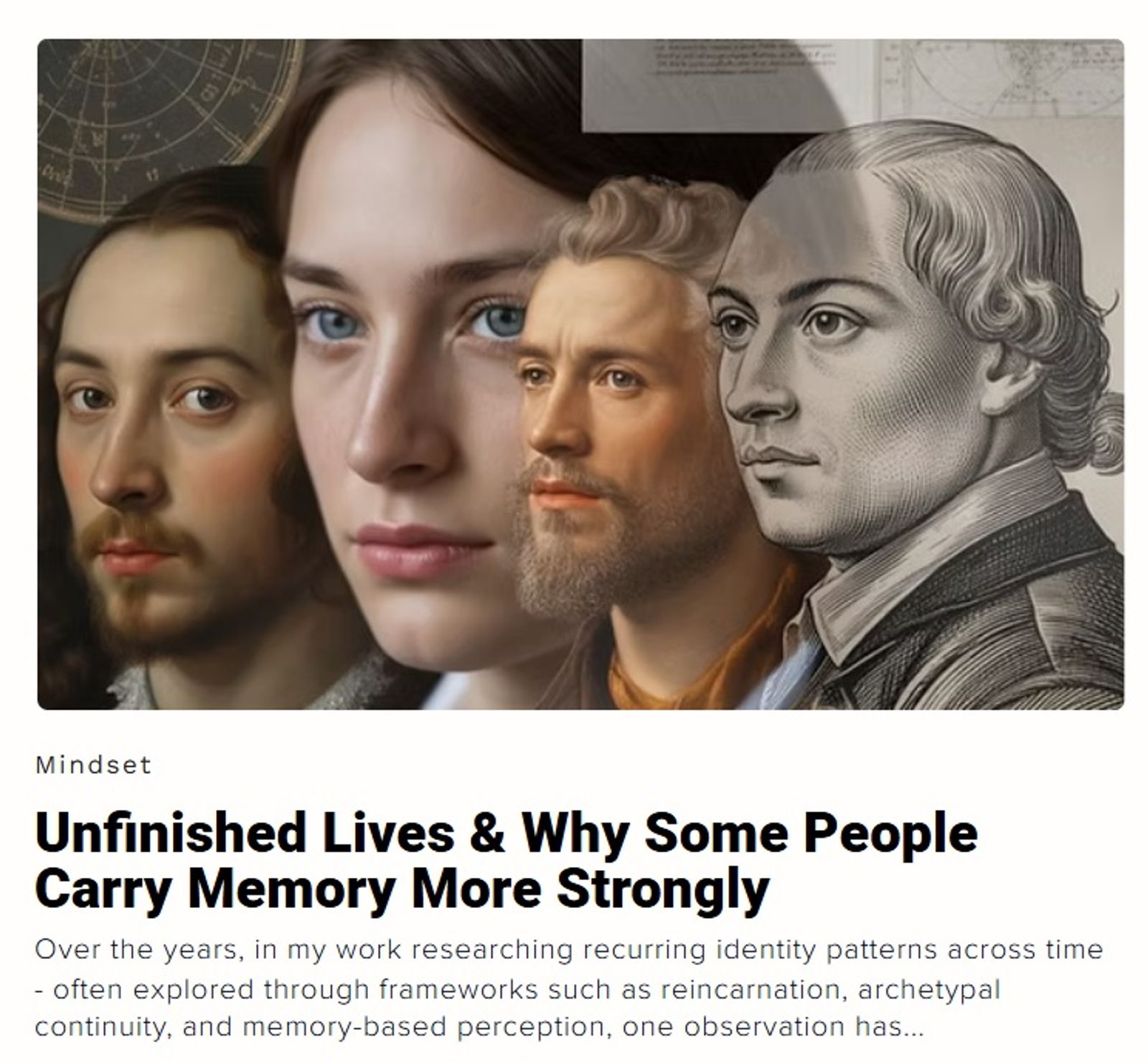 Layered portrait showing one person across multiple historical identities, representing recurring talent, memory, and identity patterns across time