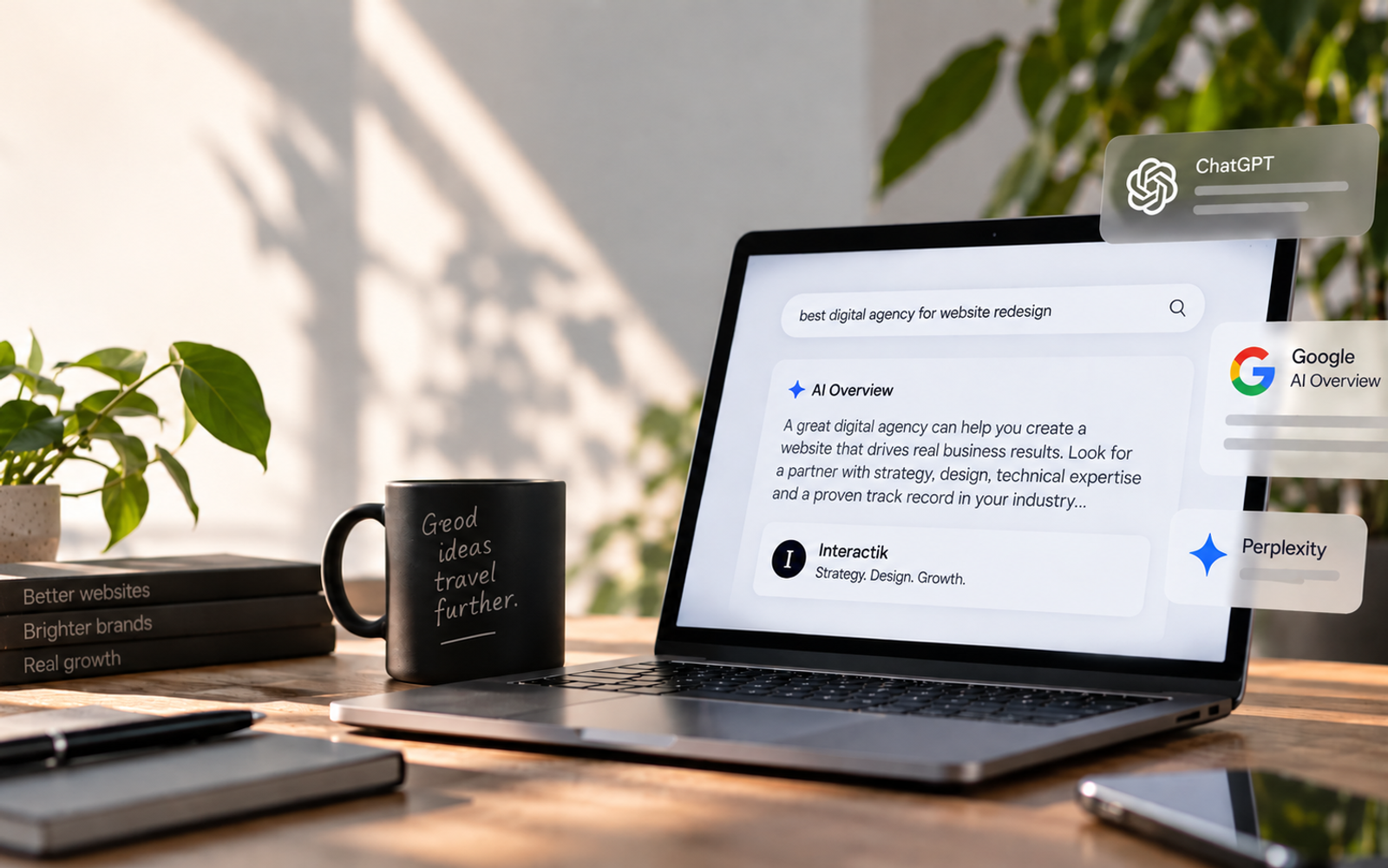 **Alt text:** Laptop displaying AI search results alongside ChatGPT, Google AI Overview and Perplexity, illustrating the shift from SEO to AI search visibility.