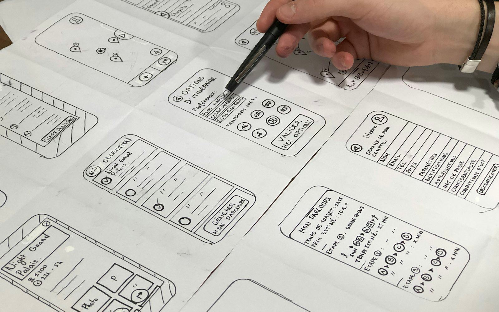 Hands sketching wireframes on paper