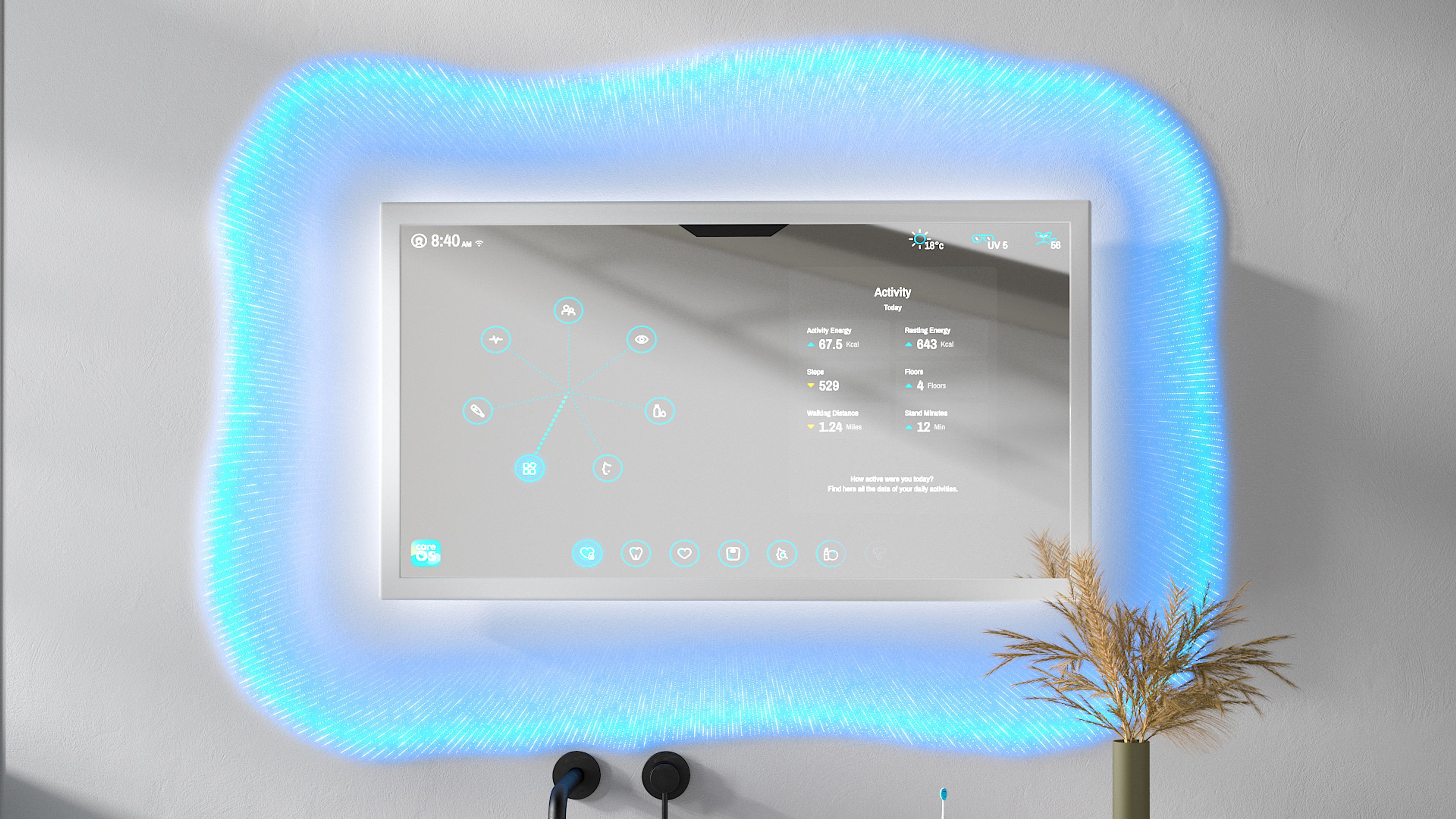 Smart mirror on wall surrounded by blue light