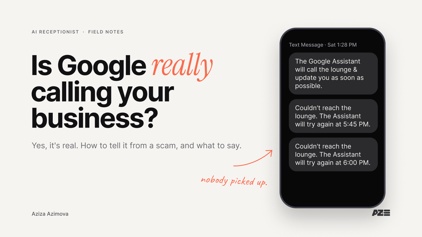 Google AI calls: Google Assistant text messages saying it couldn't reach a lounge and will try again at 5:45 PM and 6:00 PM