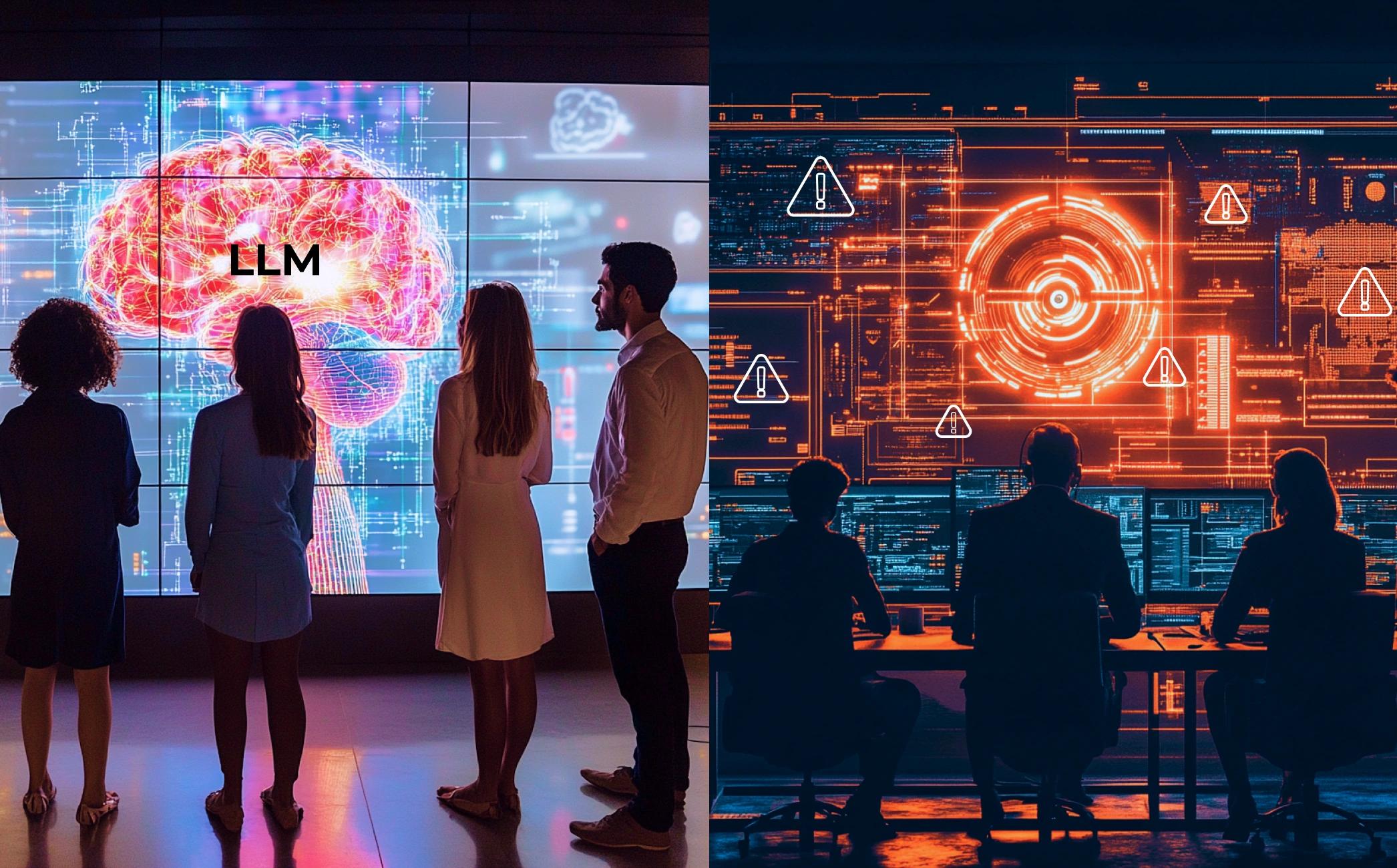 Dominant LLM in a Futuristic Enterprise symbolising unstoppable intelligence vs A cybersecurity control center, with experts monitoring LLM security breaches.