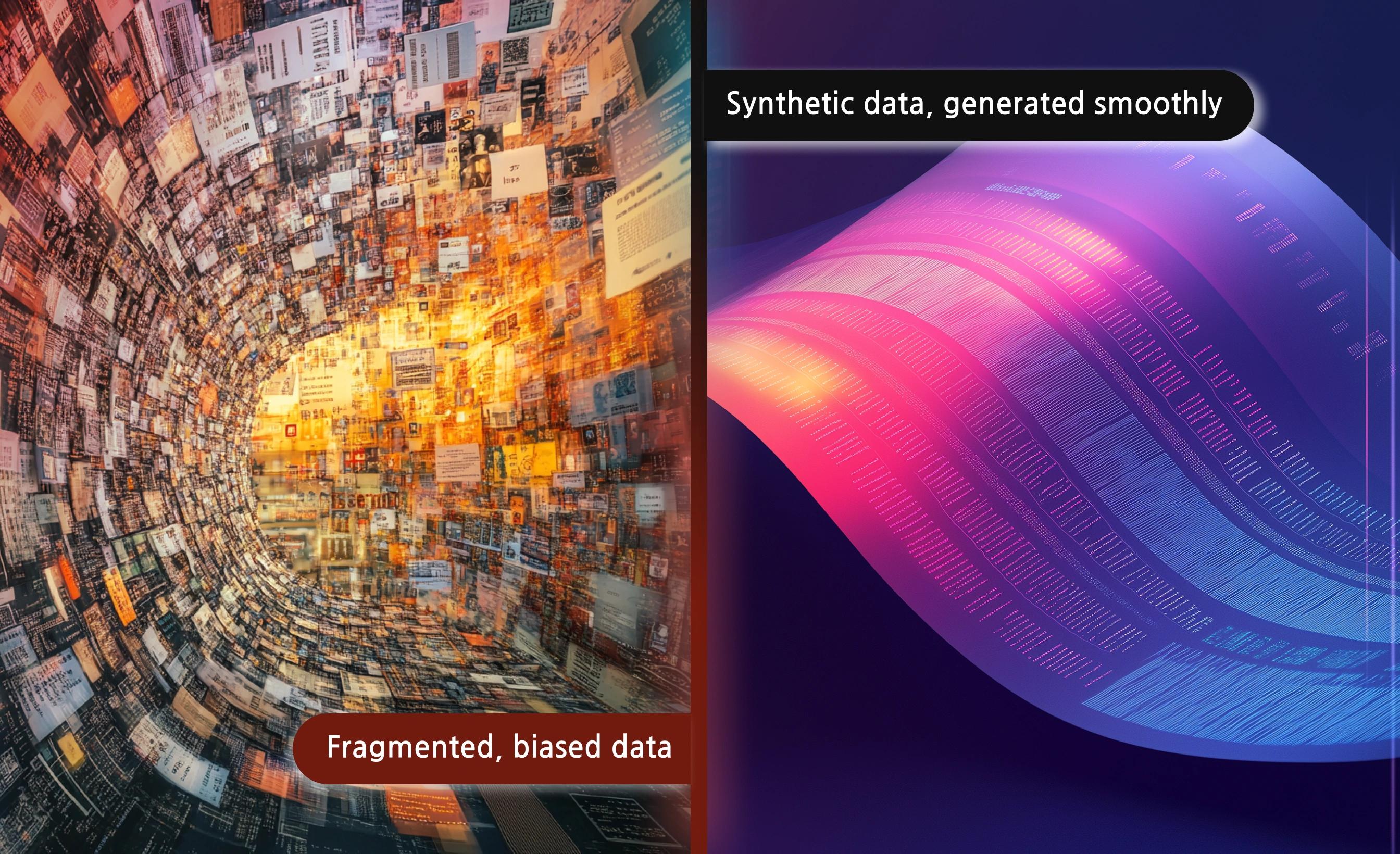 fragmented, biased data vs synthetic data being generated smoothly