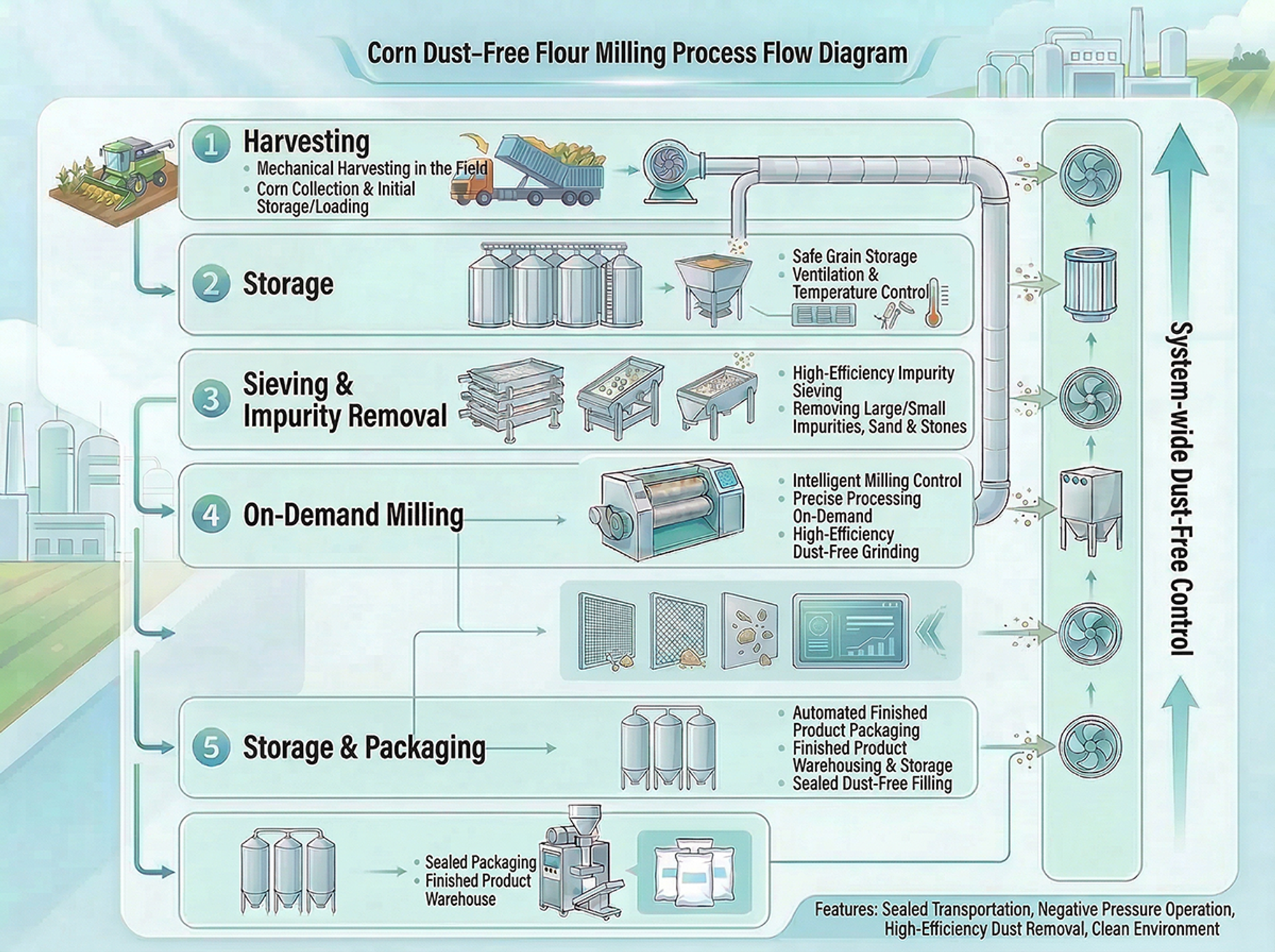 Corn Dust-Free Milling Process Flow Diagram