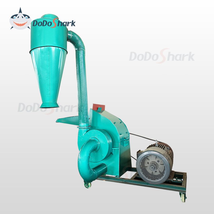 DoDoShark Cast Iron Hammer Mill Grinder with angled feed hopper and dual exhaust chutes
