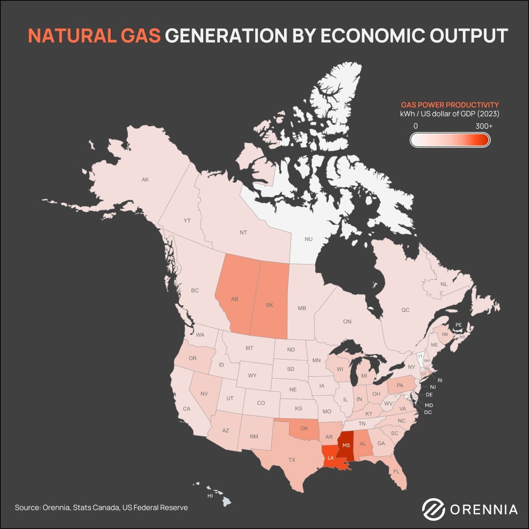 A map of North America showing natural gas generation by economic output